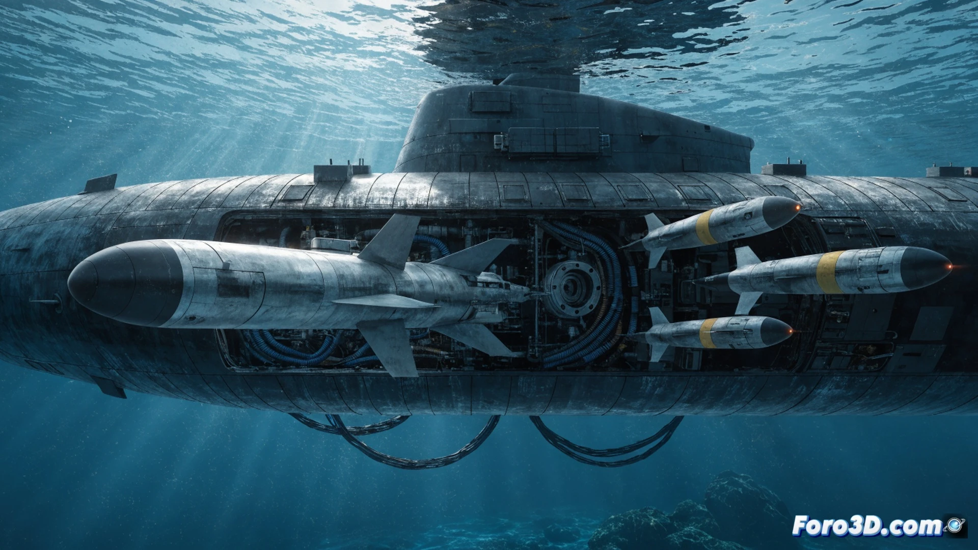 Modern submarine launching torpedo underwater, F21 projectile exiting forward torpedo tube, fiber-optic cable trail extending behind, 50 km range represented by distant surface ship silhouette, sonar display showing target lock, Dutch Orka-class submarine interior with control panel and targeting system, blue-green ocean water, bubbles and cavitation around torpedo, realistic technical illustration, cinematic lighting, high contrast, photorealistic military engineering visualization