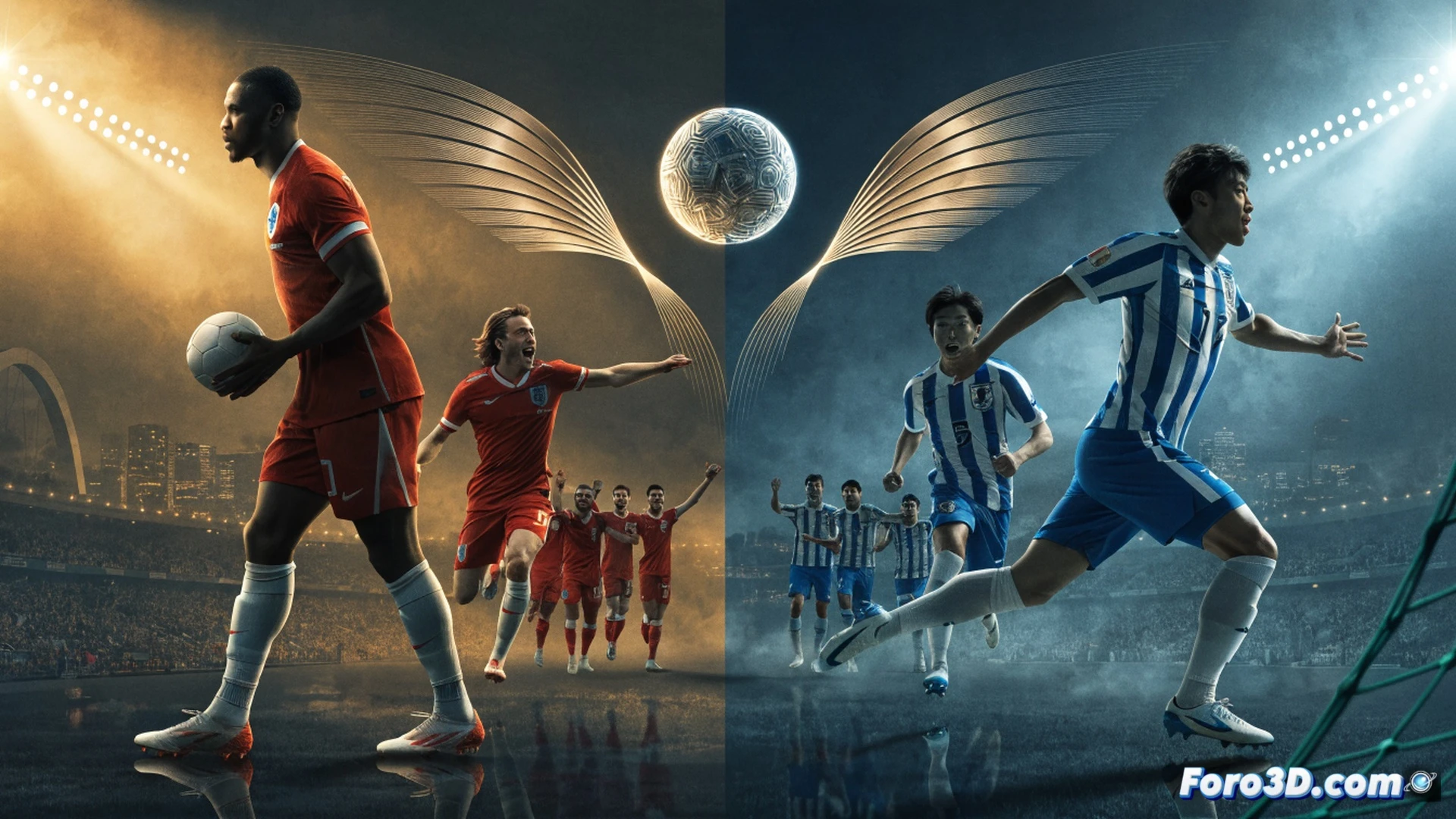 Estadio lleno durante un Mundial 2026, dos jugadores saltando simultáneamente para cabecear el balón en el centro del campo, acción con camisetas naranja y azul contrastantes, gradas con banderas ondeando sin marcas comerciales visibles, un monitor técnico en primer plano mostrando estadísticas de posesión y tiros sin gráficos económicos, estilo cinematográfico fotorrealista, iluminación de estadio nocturna, césped con textura detallada, movimiento congelado en el impacto del balón, profundidad de campo suave, render técnico de alta resolución