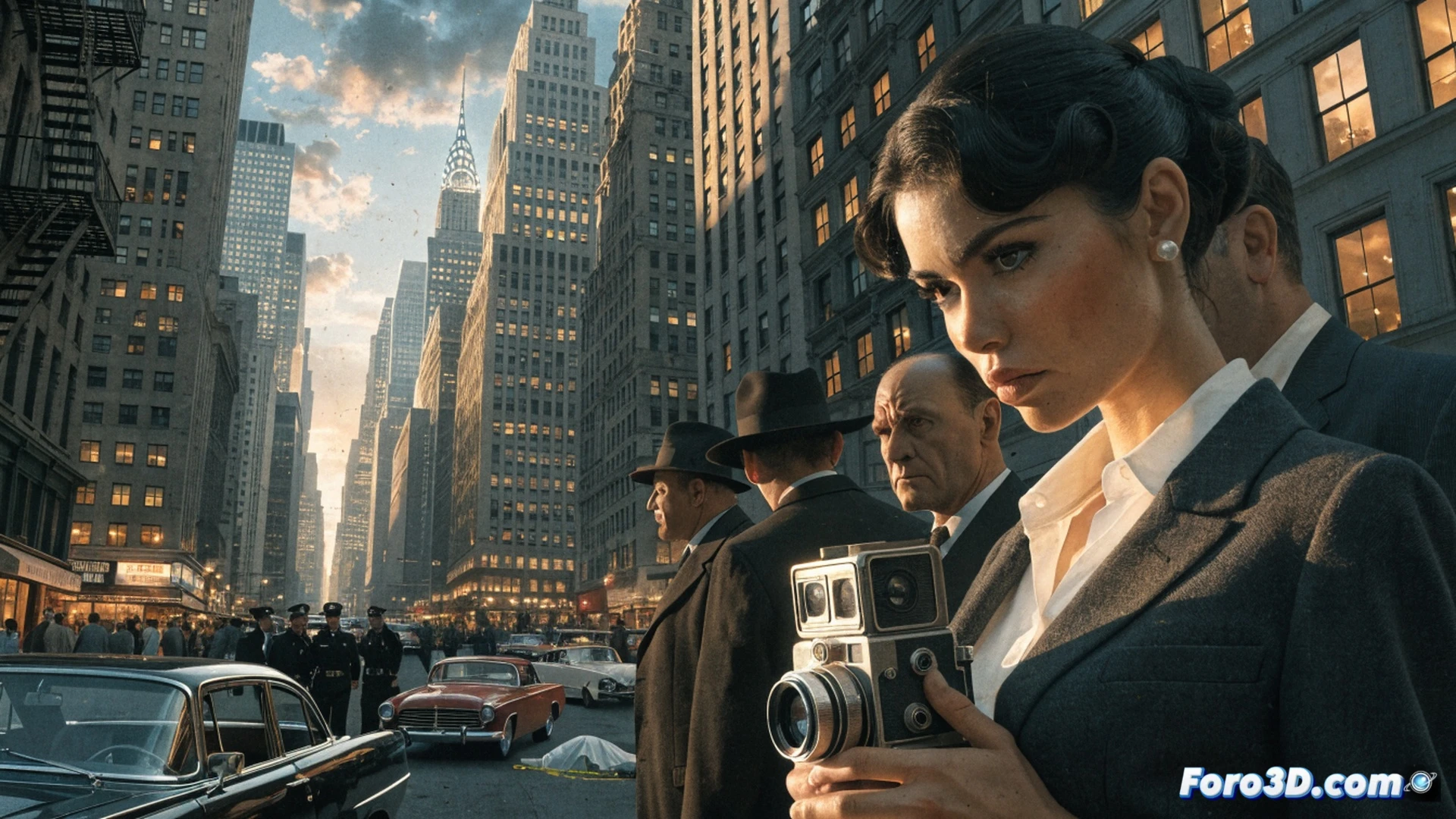 1968 New York City skyline at dusk, a female journalist holding a vintage press camera crouches beside a fire escape, a man in a trench coat points a revolver from a shadowed doorway, crime scene tape flutters behind a parked Checker cab, mafia silhouettes in a smoky bar window, a typewriter with a half-rolled page on a desk, cinematic photorealistic style, dramatic noir lighting with neon reflections on wet asphalt, action frozen during the investigation, gritty urban textures, romantic tension in the couple’s angled bodies, ultra-detailed period architecture.