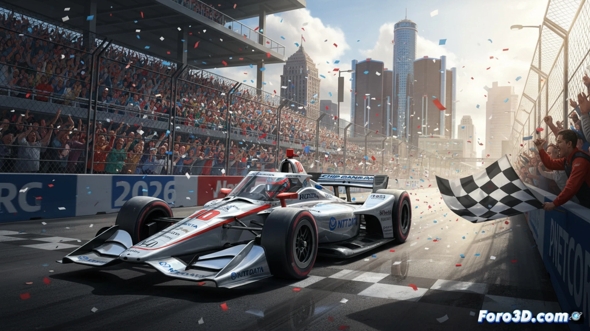 open-wheel IndyCar in mid-corner on Detroit street circuit, front suspension compressing under braking, rear tires smoking from traction, carbon fiber body panels reflecting blurred city buildings, pit crew in background with tire warmers and fuel rig, track barriers with impact marks, cinematic engineering visualization, dramatic low-angle shot, motion blur on wheels, photorealistic technical render, sharp details on aerodynamic wing elements and brake glow