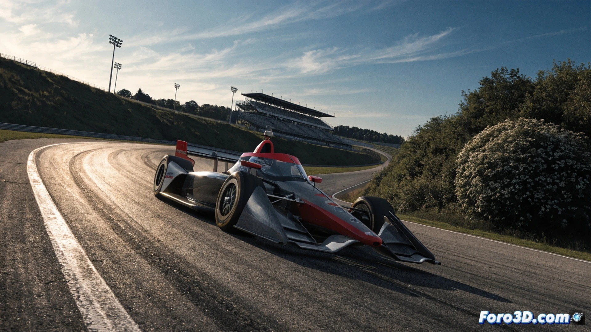 indycar open-wheel race car at Road America, front wing lifting under high speed cornering, tire smoke trailing from rear right wheel during aggressive acceleration, visible carbon fiber brake discs glowing orange, asphalt track texture with rubber marbles, engineering visualization style, cinematic lighting from sunset, motion blur on wheels, detailed suspension components, aerodynamic vortex generators on sidepod, photorealistic technical render, dramatic sky with clouds