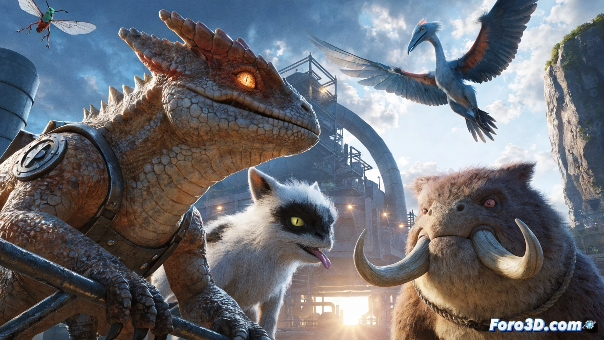massive open-world game map with floating islands and giant spherical Pals roaming near a futuristic base, player character using a grappling gun to capture a glowing creature while construction machines build metal walls in background, no evolution mechanics shown, cinematic technical illustration, bright daylight with volumetric clouds, realistic textures on Pal fur and robotic tools, detailed machinery with exposed gears and cables, photorealistic engineering visualization, dynamic action pose during capture process