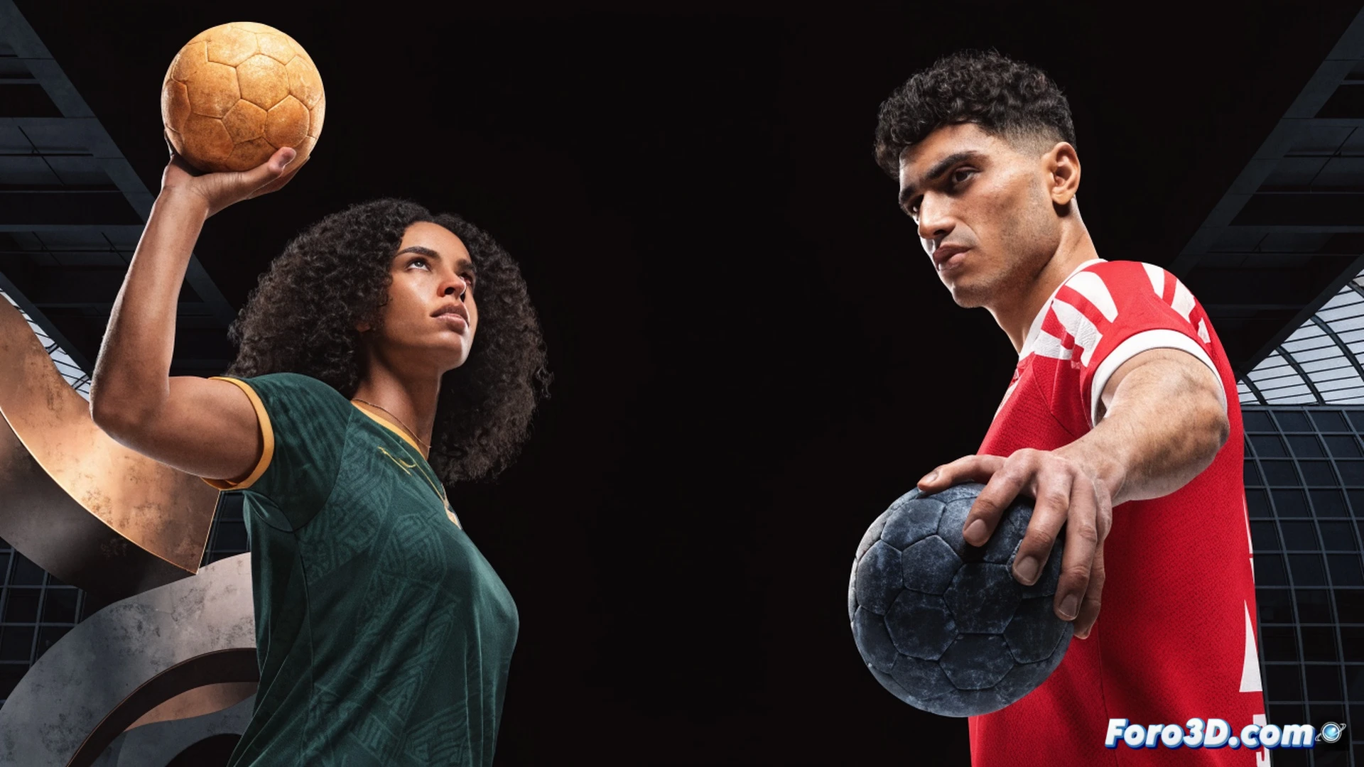 two athletes mid-action in a handball court, left side showing a female goalkeeper in red jersey diving to save a fast ball, right side showing a male left-back in blue jersey leaping for a powerful throw, motion blur on the ball and limbs, high-contrast sport lighting on wooden court, sweat droplets frozen in air, dynamic dust particles from sneakers, photorealistic sports photography style, dramatic shadows on court lines, intense competitive atmosphere, cinematic depth of field
