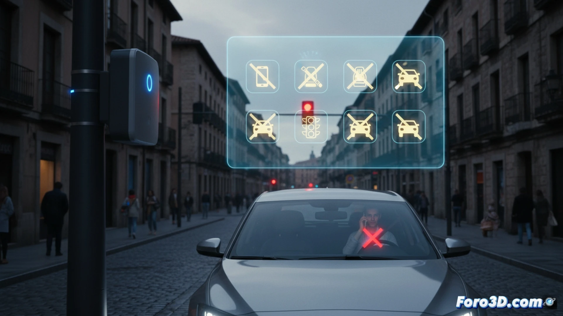 four modern radar poles installed on a Pamplona street intersection, sleek grey metallic design without visible cameras, AI neural network visualisation overlays the scene as glowing blue digital nodes scanning vehicles, a driver using smartphone behind wheel while car approaches pedestrian crossing, another vehicle braking abruptly at red traffic light, seatbelt detection beam highlighted in amber, cyclists and pedestrians on zebra crossing, photorealistic urban sunset lighting, cinematic wide-angle shot, hyper-detailed road markings and traffic signals, technical engineering aesthetic with transparent holographic data streams showing eight violation types, motion blur on moving cars, sharp focus on radar units, dramatic contrast between natural street tones and digital overlay, architectural precision in vehicle and infrastructure modelling