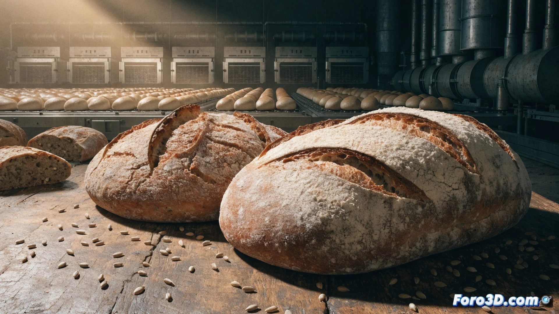 artisan baker Lluc Munar kneading ancient wheat dough on a wooden table, his hands pressing into the mixture while a farmer delivers a burlap sack of organic grain from Manacor, the bakery interior showing local stone walls and a wood-fired oven, a circular economy diagram faintly glowing on a chalkboard behind him, cinematic photorealistic style, warm golden lighting from the oven casting dramatic shadows, flour dust suspended in the air, rustic tools like a wooden paddle and metal scale visible, technical illustration emphasizing the handcrafted process and local supply chain action.