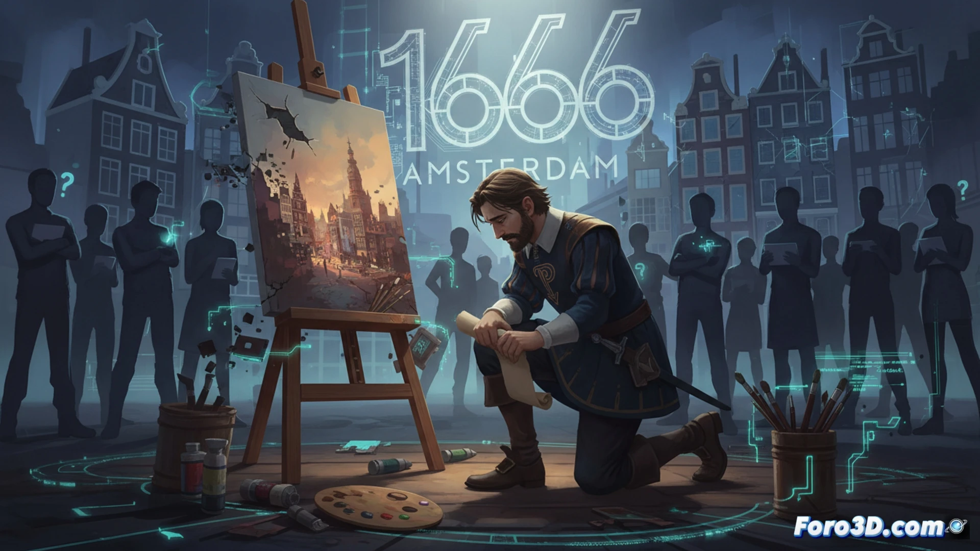 cinematic wide shot of a digital artist workstation, a hand hovering over a graphics tablet while a 3D model of a 17th-century Dutch canal building shows distorted AI-generated textures, adjacent monitor displaying a game engine timeline with flagged assets labeled for replacement, mouse cursor clicking on a brush tool, photorealistic technical illustration, warm studio lighting contrasting with cold blue screen glow, visible brush strokes on tablet surface, architectural reference sheets pinned to wall, dramatic tension in the scene, ultra-detailed hardware and software interfaces