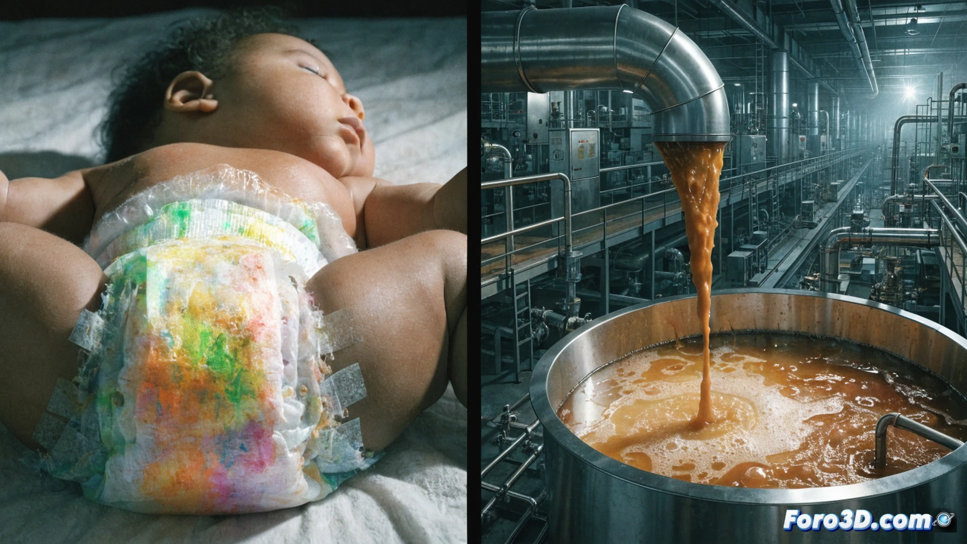 photorealistic technical illustration of a baby wearing a toxic diaper, cross-section view showing chemical leakage through inner layers, contaminated diaper gel particles absorbing into baby skin, magnified inset demonstrating molecular breakdown of harmful chemicals, industrial factory background with assembly line producing diapers, warning red glow emanating from defective diapers, broken quality control monitor displaying failed test results, dark ominous lighting, hyper-detailed textile fibers and chemical structures, cinematic engineering visualization, dramatic contrast between clean outer surface and toxic interior