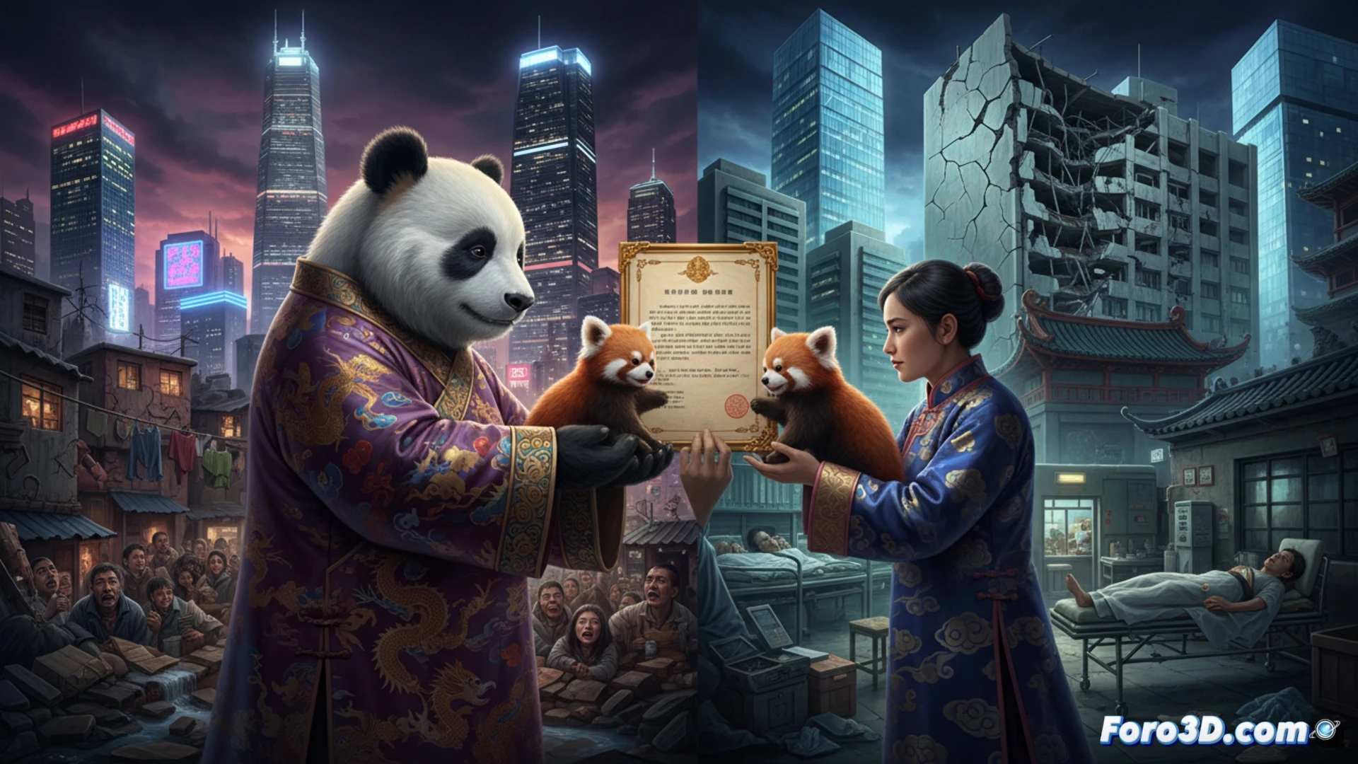 Photorealistic split-scene technical illustration showing a diplomatic panda being transported in a high-tech metal crate on one side, while on the other side a crowded urban housing complex with peeling walls and broken hospital equipment is visible, action of government officials shaking hands over the panda crate while citizens queue outside a dilapidated clinic, cinematic lighting contrasting bright diplomatic ceremony with dim social crisis, hyperdetailed textures on medical monitors showing error screens and cracked apartment facades, dramatic shadow play between two realities, ultra-realistic architectural and medical hardware rendering