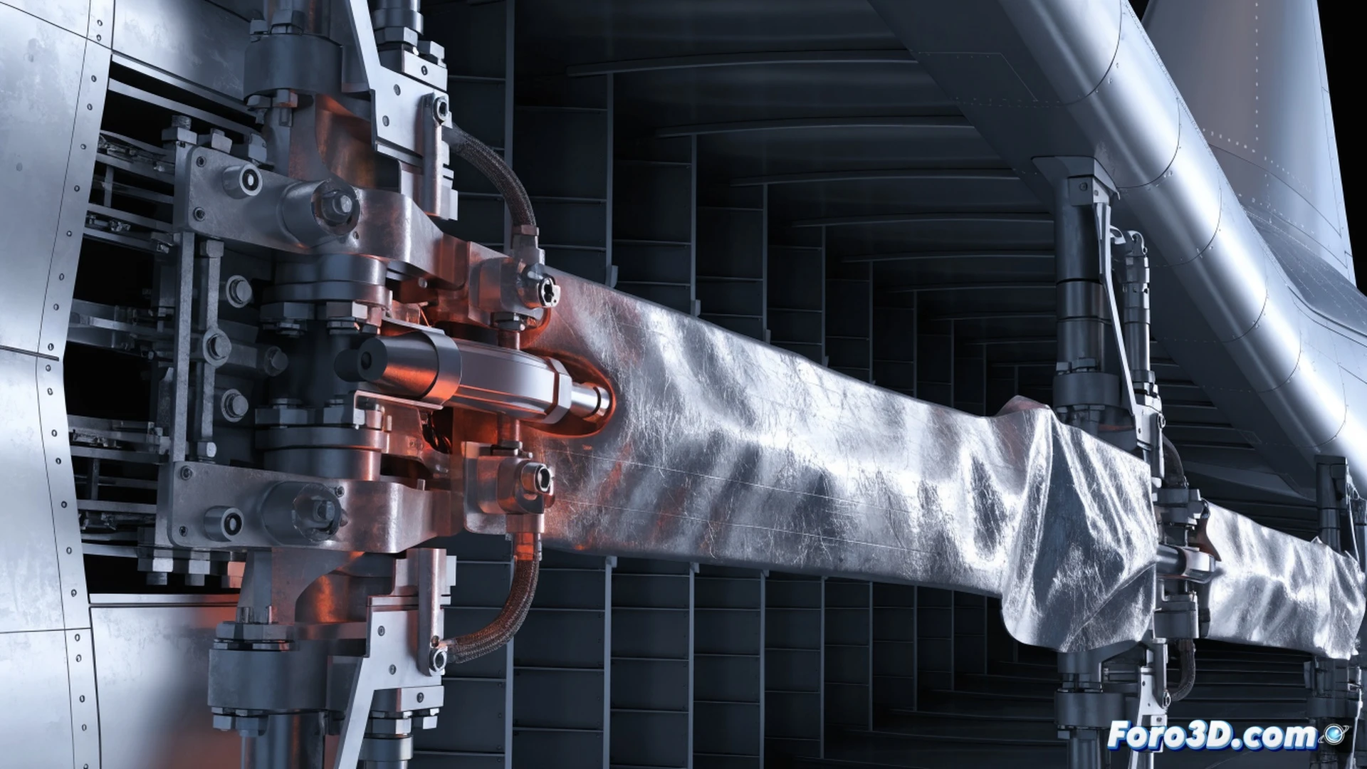 husillo de bolas curvándose por pandeo durante maniobra de alta carga aerodinámica, flaps de ala extendidos en posición crítica, tensiones superficiales visibles como gradiente de color rojo a azul sobre la rosca metálica, simulación estructural en Creo Simulate con malla de elementos finitos deformada, visualización dinámica en Maya mostrando líneas de fuerza y trayectorias de fallo, fondo oscuro con iluminación industrial dramática, estilo engineering visualization fotorrealista