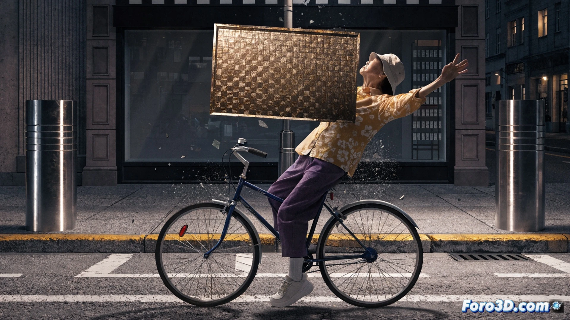 urban street scene in Singapore, a heavy metal panel falling from a storefront awning, striking a cyclist's helmet mid-ride, bicycle wheels skidding on asphalt, panel detached from loose mounting brackets, visible broken fasteners and exposed wiring, motion blur of impact, debris scattering, photorealistic technical illustration, cinematic lighting with harsh shadows, detailed store facade showing faulty installation, cracked pavement, dramatic freeze-frame action, engineering visualization of structural failure