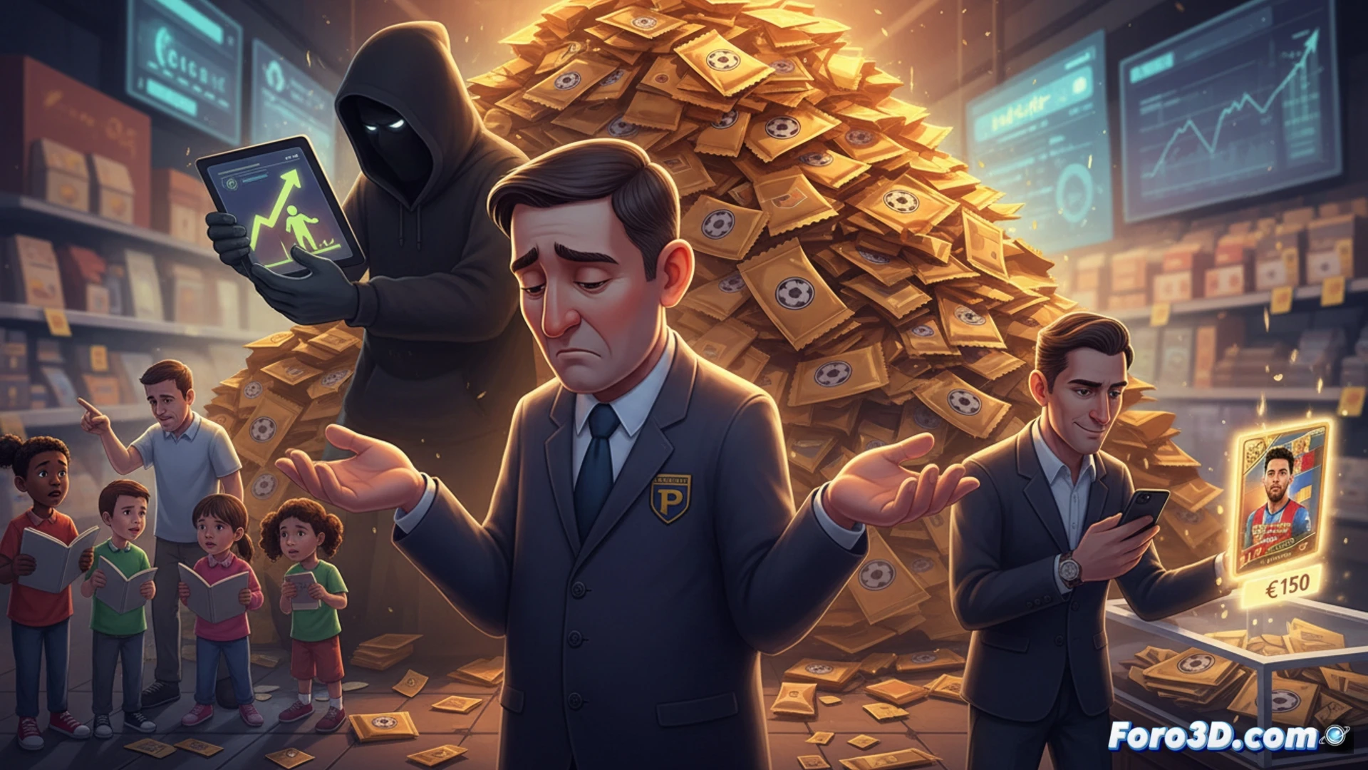 adult collector hands opening a sealed foil pack of World Cup stickers, empty counter with scattered torn wrappers, child watching with disappointed expression, smartphone screen showing online resale platform with glowing Messi and Ronaldo holographic cards priced at 150 euros, cash exchange gesture between two shadowy figures in background, photorealistic cinematic scene, dramatic chiaroscuro lighting, intense focus on scarcity and black market contrast, hyperdetailed textures of foil and cardboard, melancholic atmosphere, technical product photography style