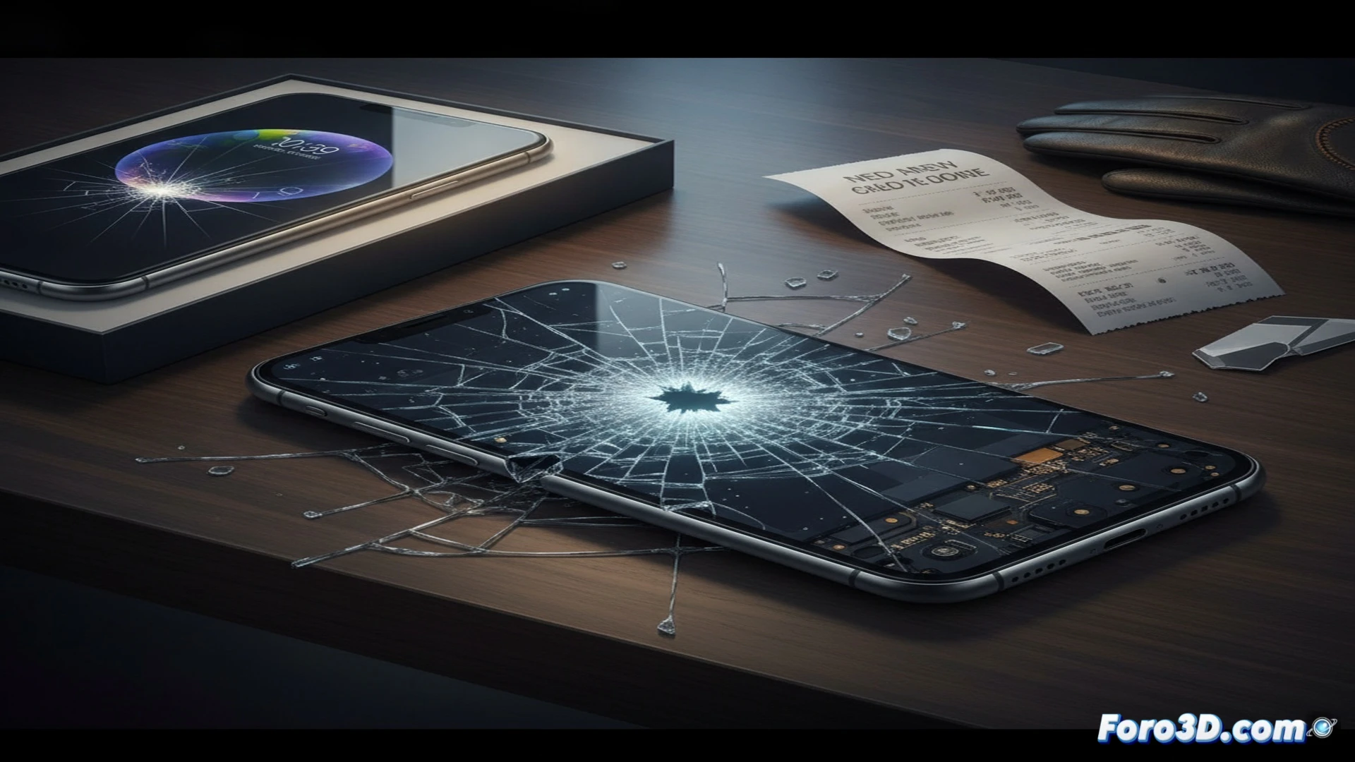 Premium smartphone falling in mid-air, glass screen shattering on impact with asphalt, spiderweb cracks spreading across OLED display, detached back panel revealing internal circuit board and battery, repair tools scattered nearby including spudger and suction cup, financial receipt floating with repair cost highlighted, dramatic cinematic technical illustration, slow-motion action shot, shattered glass particles suspended in motion, metallic chassis reflecting street light, photorealistic engineering visualization, dark urban ground texture, high-contrast studio lighting emphasizing structural failure
