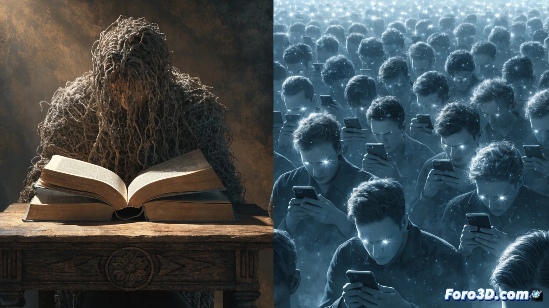 Photorealistic technical illustration of a human figure with an open book crumbling into digital particles, while a glowing smartphone screen expands and dominates the scene, showing a fragmented news headline dissolving into chaotic pixelated shapes, the figure’s shadow transforming into a hollow silhouette with no visible critical thinking process, cinematic lighting with cold blue screen glow against warm amber book light, ultra-detailed texture of paper fibers tearing and glass display reflecting distorted faces, metaphorical erosion of analytical depth, dramatic low-angle shot emphasizing imbalance, photorealistic engineering visualization