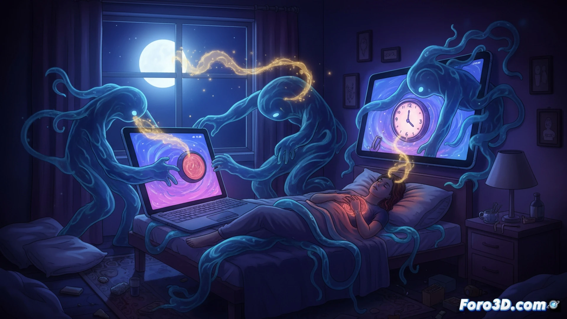 Photorealistic cinematic scene showing a bedroom at night, a young person lying in bed holding a glowing smartphone, blue light from the screen illuminating their face while a digital clock shows 2:00 AM, melatonin molecule structures dissolving in the background, brain activity visualized as scattered neural connections fading, social media notification icons floating around the device, sleep cycle disrupted, isolated atmosphere, dark blue and purple color palette, soft shadows, hyper-detailed skin texture and screen reflections, technical health visualization style