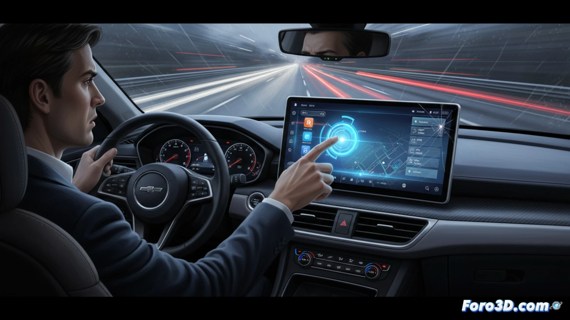 Photorealistic cinematic shot of a car dashboard during night driving, driver’s hand reaching toward a glossy touchscreen panel while fingers leave smudges, steering wheel blurred in foreground, climate controls and radio interface displayed on screen but unresponsive with frozen error glitch, reflection of windshield and road lights on glossy surface, physical button panel beside screen dimmed and unused, tense atmosphere with blue ambient cabin lighting, dust particles floating in air, ultra-detailed plastic textures and screen glare, technical automotive interior visualization, high contrast dramatic lighting