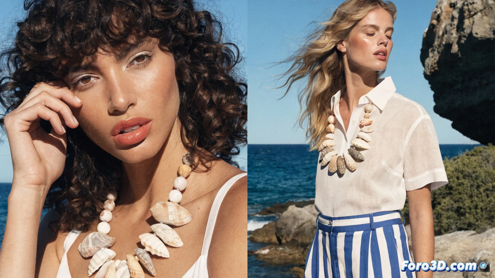 woman standing on a sunny Mediterranean terrace, wearing blue-and-white striped wide-leg pants from MarÀvic, adjusting a shell necklace with large cowrie shells, while holding a smartphone showing Instagram interface with double-tap heart animation, sunlight casting sharp shadows across the fabric texture, seashell details reflecting light, cinematic fashion photography style, shallow depth of field, warm golden hour lighting, photorealistic fabric folds, technical garment construction visible in stitching and waistband, casual summer action pose