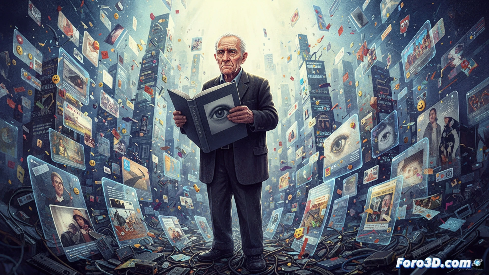 Aged photographer Paolo Gasparini examining a dense wall of overlapping digital screens showing chaotic social media feeds, while holding a vintage film camera with a cracked lens, his reflection fragmented across multiple glowing displays, photorealistic technical illustration, dramatic chiaroscuro lighting, dust particles floating in a beam of light, screens emitting harsh blue and white glare, analog camera details showing worn leather and scratched metal, human action demonstrating critical observation, urban background fading into static noise, cinematic composition with deep shadows and high contrast