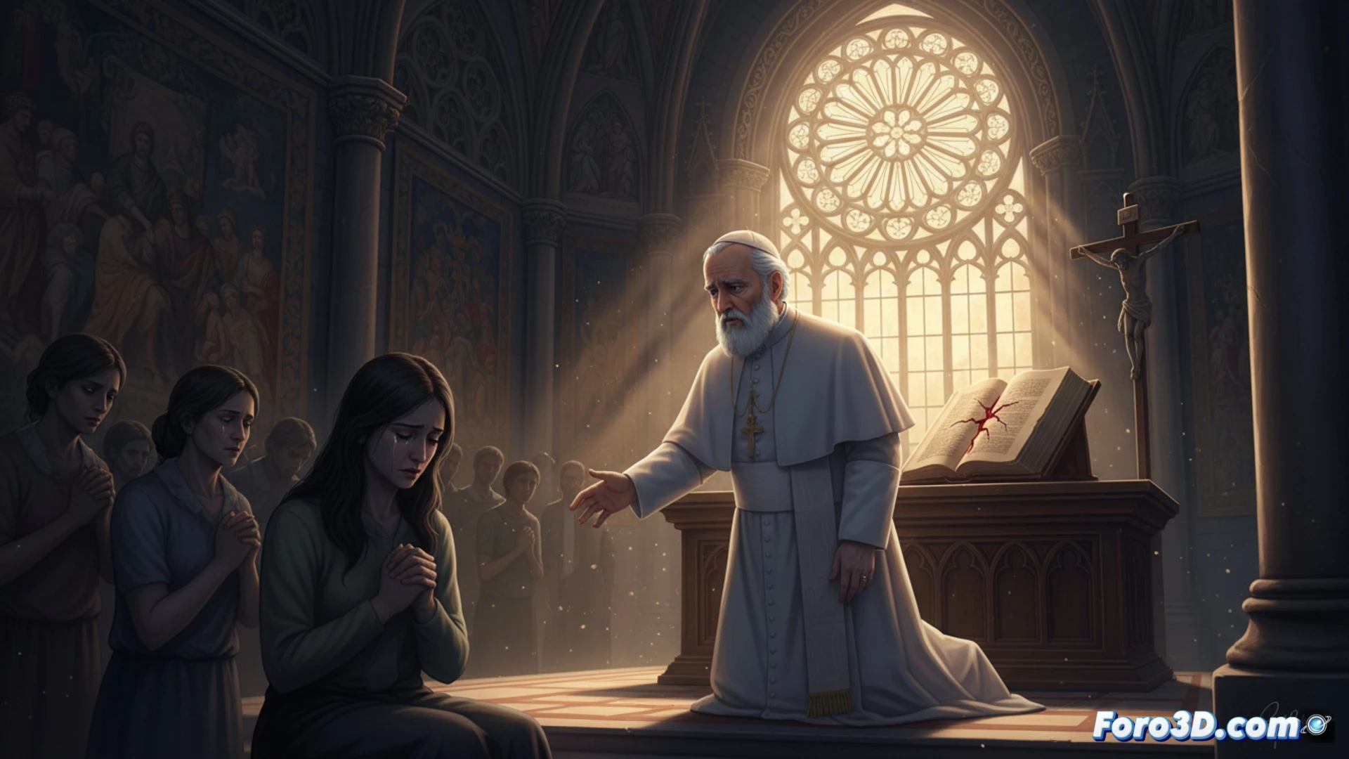 A somber meeting room inside the Vatican, Pope Leo XIV seated at a wooden table, his hand resting on a closed leather-bound case, while a single victim stands across from him holding a small framed photograph, a glass of water half-empty beside an open folder with official documents, soft natural light from a tall window casting long shadows, cinematic photorealistic style, muted tones of grey and gold, dust particles visible in the air, conveying unresolved tension and solemn recognition.