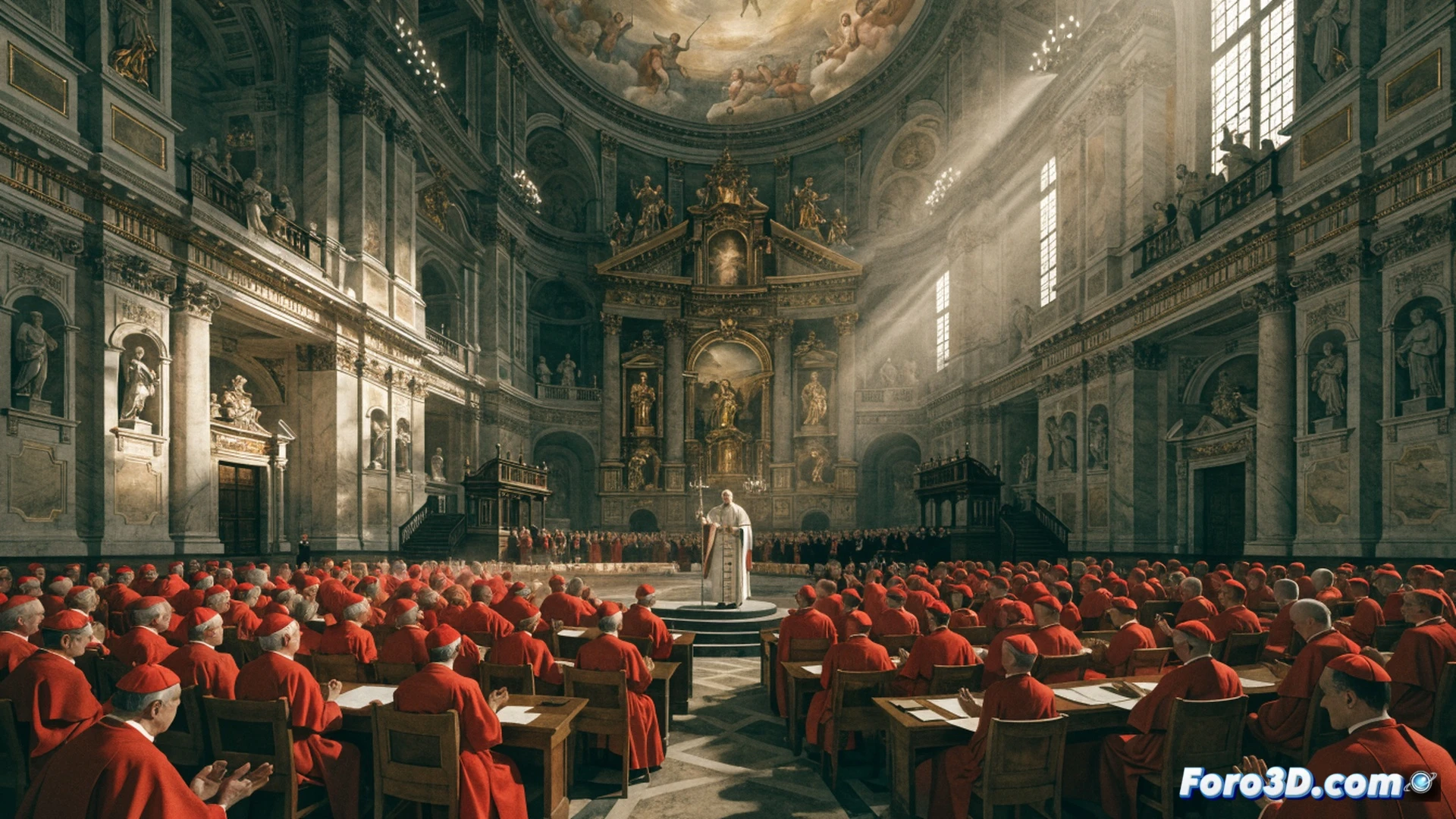 Vatican consistory hall, Pope Leo XIV seated at center surrounded by 178 cardinals in circular formation, cardinals raising hands during open discussion, digital tablets displaying shared decision documents, microphone stands placed among seating, large screen showing live voting results, architectural columns framing the scene, warm golden lighting from chandeliers, red and white vestments contrasting with dark wood, cinematic photorealistic render, wide-angle lens capturing collective action, cardinals gesturing while speaking, process of collegial governance demonstrated, ultra-detailed faces and fabrics, dramatic chiaroscuro lighting, high-end architectural visualization