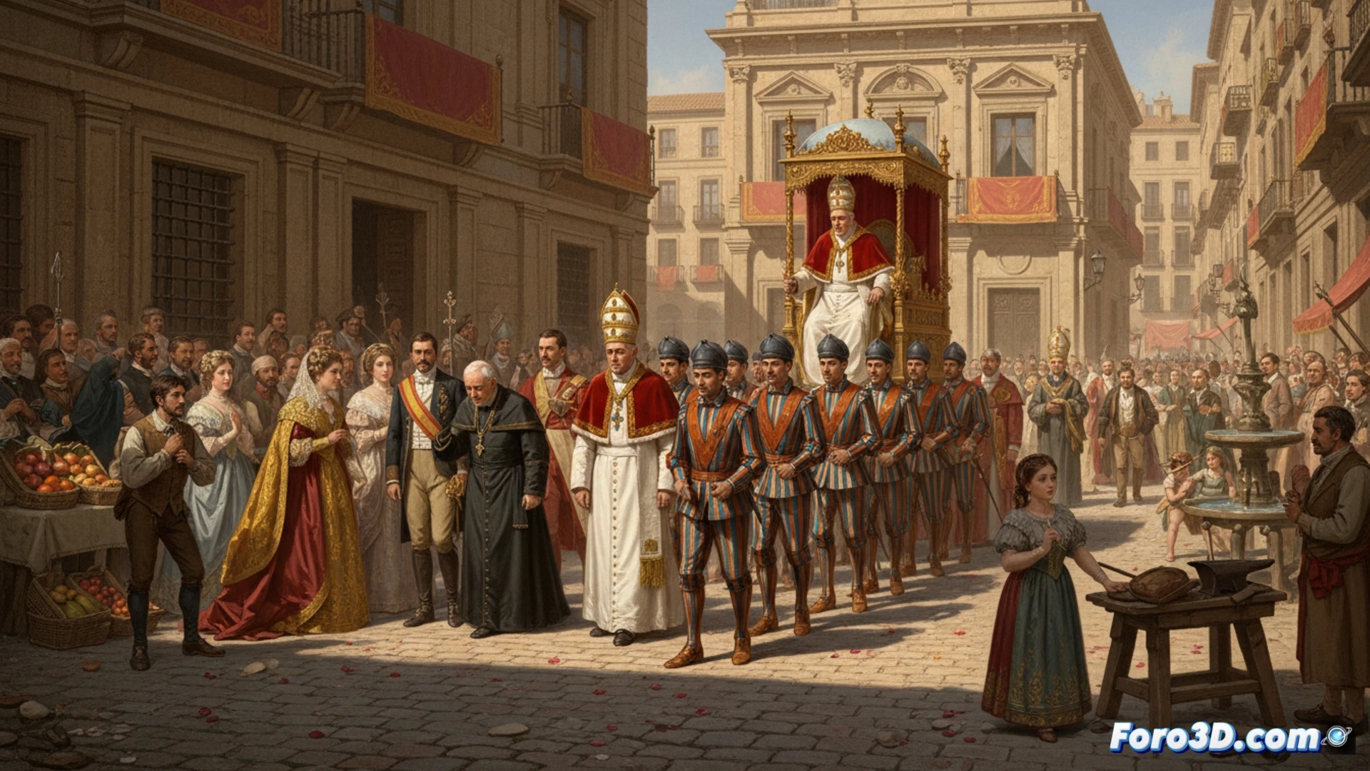 Papa León XIV caminando por una calle empedrada vacía en Sevilla, banderas ceremoniales ondeando sin viento, ciudadanos ignorando el cortejo mientras revisan teléfonos móviles y periódicos, fondo con catedral desenfocada, contraste entre protocolo formal y vida cotidiana estática, iluminación de mediodía cenital, sombras duras, estilo photorealistic documentary, textura de adoquines y fachadas desgastadas, atmósfera de normalidad urbana, sin texto ni símbolos visibles