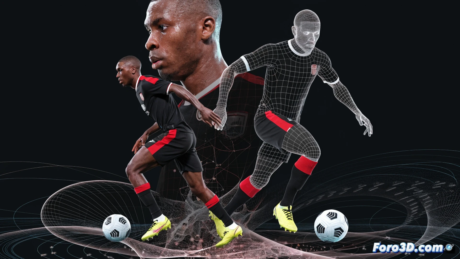 Pape Matar Sarr midfield pivot action sequence, 3D biomechanical analysis showing full-body motion capture skeleton while executing a 180-degree turn under defensive pressure, long stride length demonstrated with glowing joint tracking lines, football boot studs gripping artificial turf during rapid directional change, opponent player approaching from behind, technical engineering visualization, blue and orange heatmap gradient on muscles showing torque distribution, wireframe overlay on torso and legs, photorealistic stadium lighting, shallow depth of field, cinematic sports science render