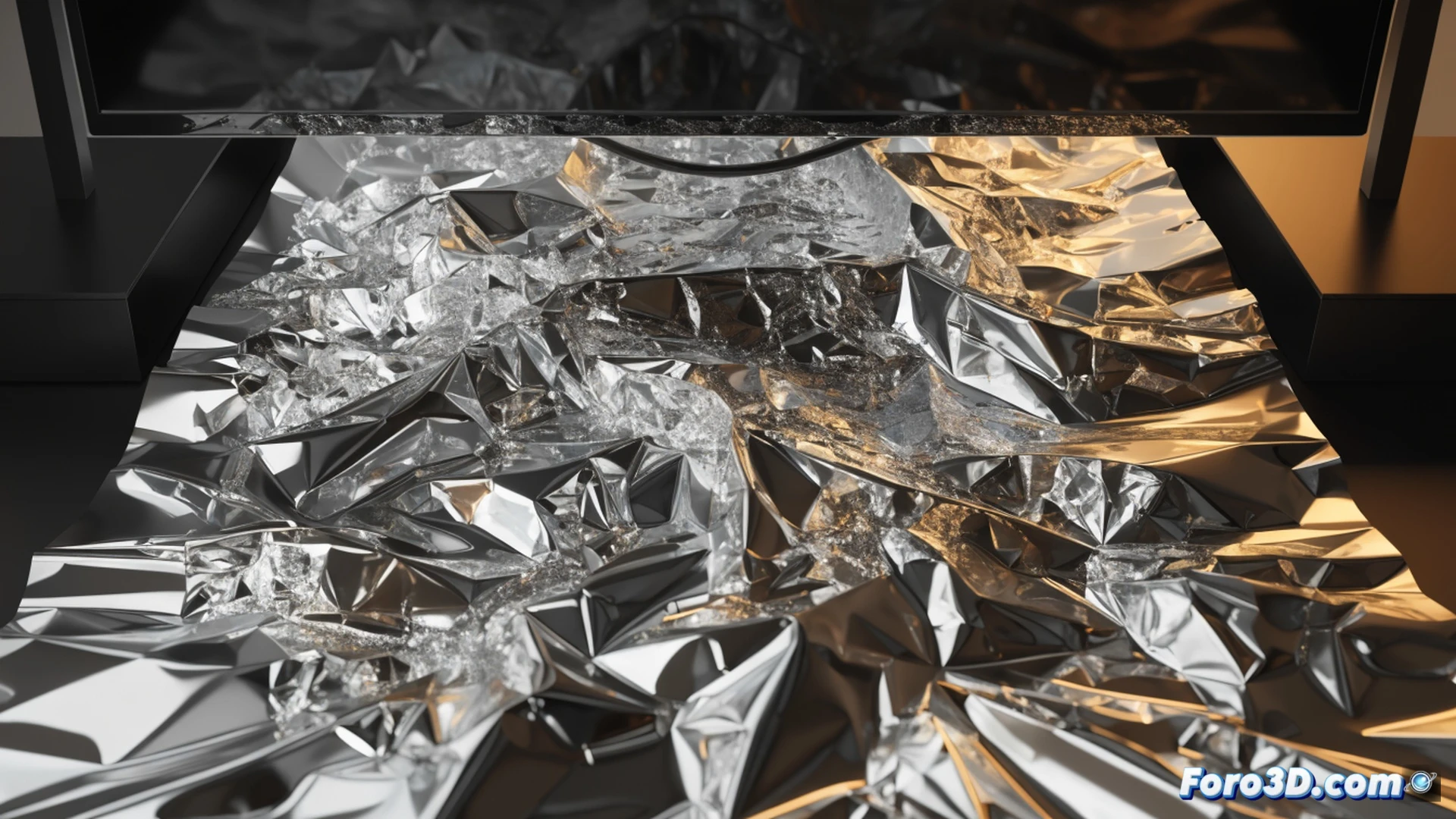 close-up shot of a modern flat-screen TV on a wooden media console, a sheet of crumpled aluminum foil being placed underneath the TV by a hand, dust particles and heat waves rising from a nearby cable box and gaming console, technical cutaway view revealing airflow dynamics between electronics and foil barrier, photorealistic product photography style, sharp focus on metallic foil texture and electronic ventilation grills, soft warm ambient light from TV screen, hyper-detailed reflections on foil surface, engineering visualization with subtle thermal overlay indicating heat dispersion