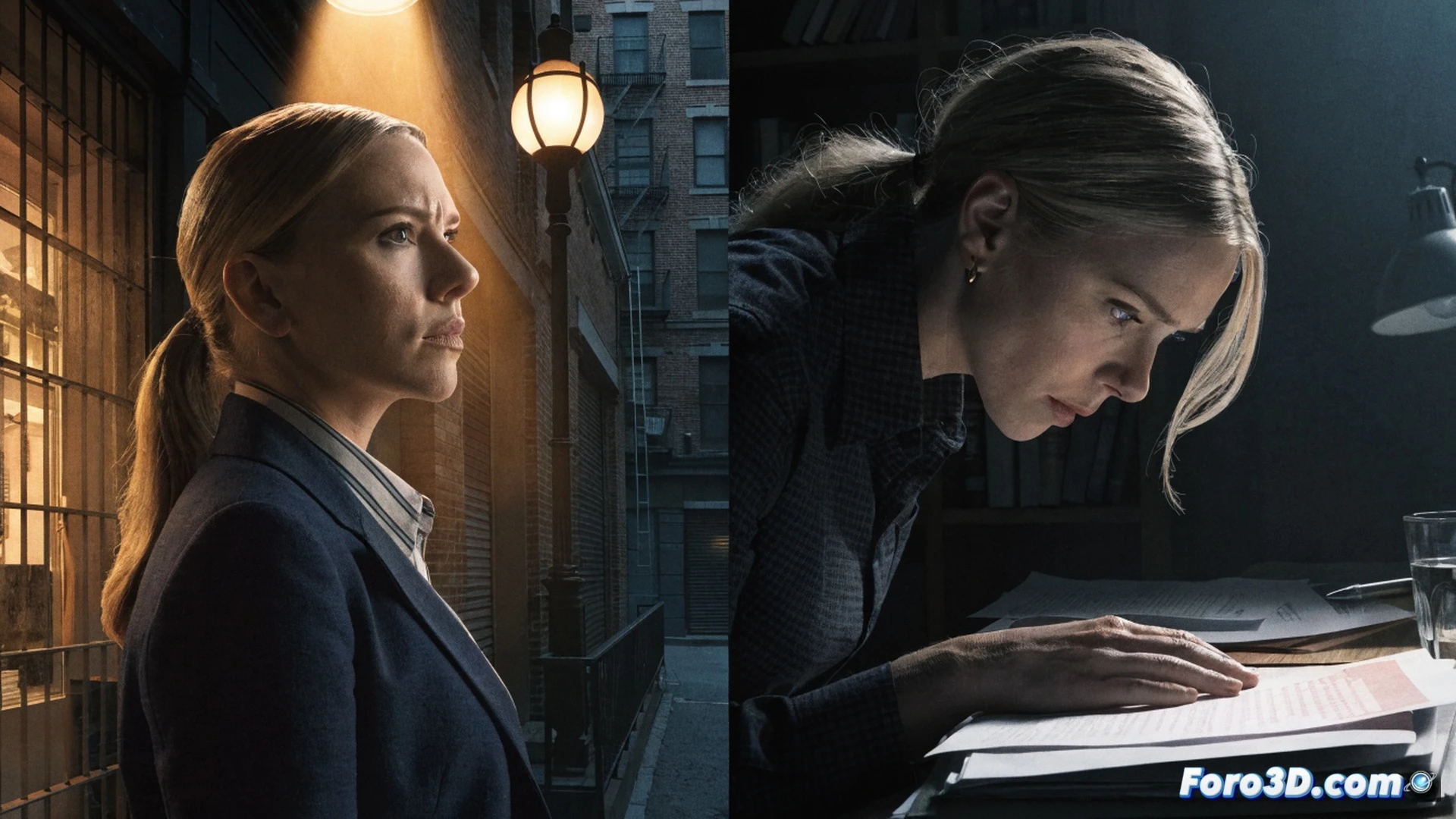 scarlett johansson in a tense standoff inside a dimly lit mafia warehouse, gripping a silenced pistol while crouched behind a metal workbench, spilled oil forming reflective puddles on concrete floor, surveillance monitors showing static-filled feeds on a rack of vintage CRT screens, exposed wiring and server cables dangling from ceiling, her leather jacket catching a single harsh spotlight beam, cinematic noir aesthetic, photorealistic technical render, shallow depth of field focusing on her intense expression and the glowing red recording light on a nearby hard drive enclosure, dramatic shadows across her face, dust particles suspended in the light