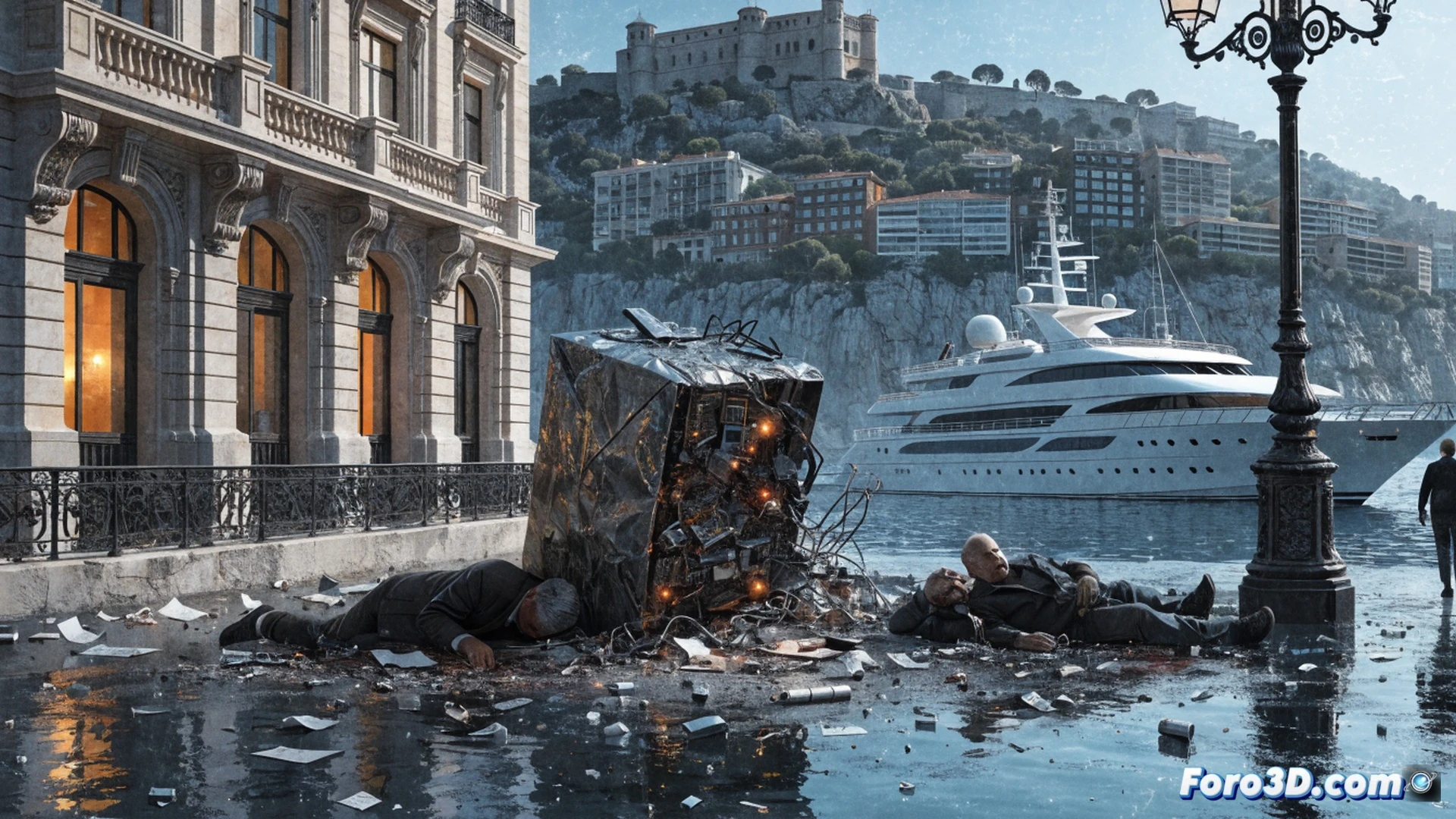 luxury residential building facade in Monaco, shattered glass and smoke billowing from an upper-floor window, security camera angled view capturing a figure sprinting toward the French border, a torn envelope and scattered circuit board fragments on the marble lobby floor, forensic evidence markers near a damaged metal briefcase, cinematic photorealistic style, dramatic dusk lighting with police car strobes reflecting off wet pavement, ultra-detailed architectural elements, motion blur on fleeing suspect, technical crime scene visualization