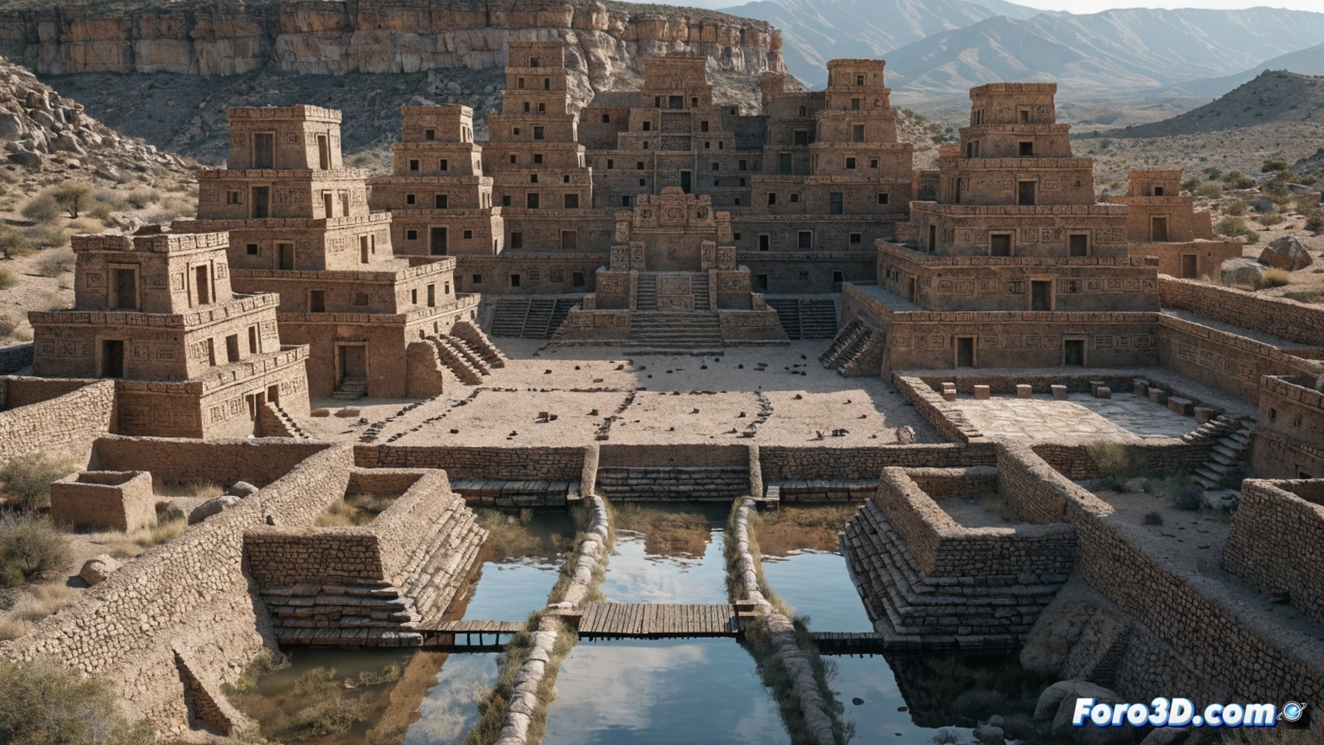Adobe city of Paquimé at sunset, seven-story stepped pyramid structures with intricate geometric patterns, indigenous engineers inspecting a stone-lined canal system carrying water through arid desert, workers repairing adobe walls with wooden tamping tools, a circular ceremonial plaza with drainage channels visible, cinematic photorealistic architectural visualization, warm terracotta and golden hour lighting, deep shadows emphasizing textured mud brick surfaces, dust particles suspended in dry air, dramatic wide-angle perspective showing urban layout and hydraulic infrastructure, ultra-detailed pre-Columbian construction techniques