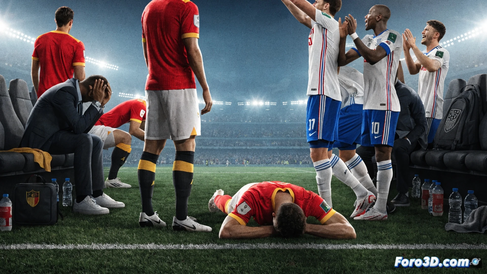 Paraguayan and American soccer players mid-match in a stadium, US forward executing a powerful shot while Paraguayan defender slides in late, ball already past him into the net, intense action frozen in time, cinematic sports photography style, dramatic stadium floodlights casting long shadows, grass blades and sweat droplets visible, photorealistic technical render, motion blur on ball trajectory, high-contrast lighting emphasizing physical tension and tactical defeat