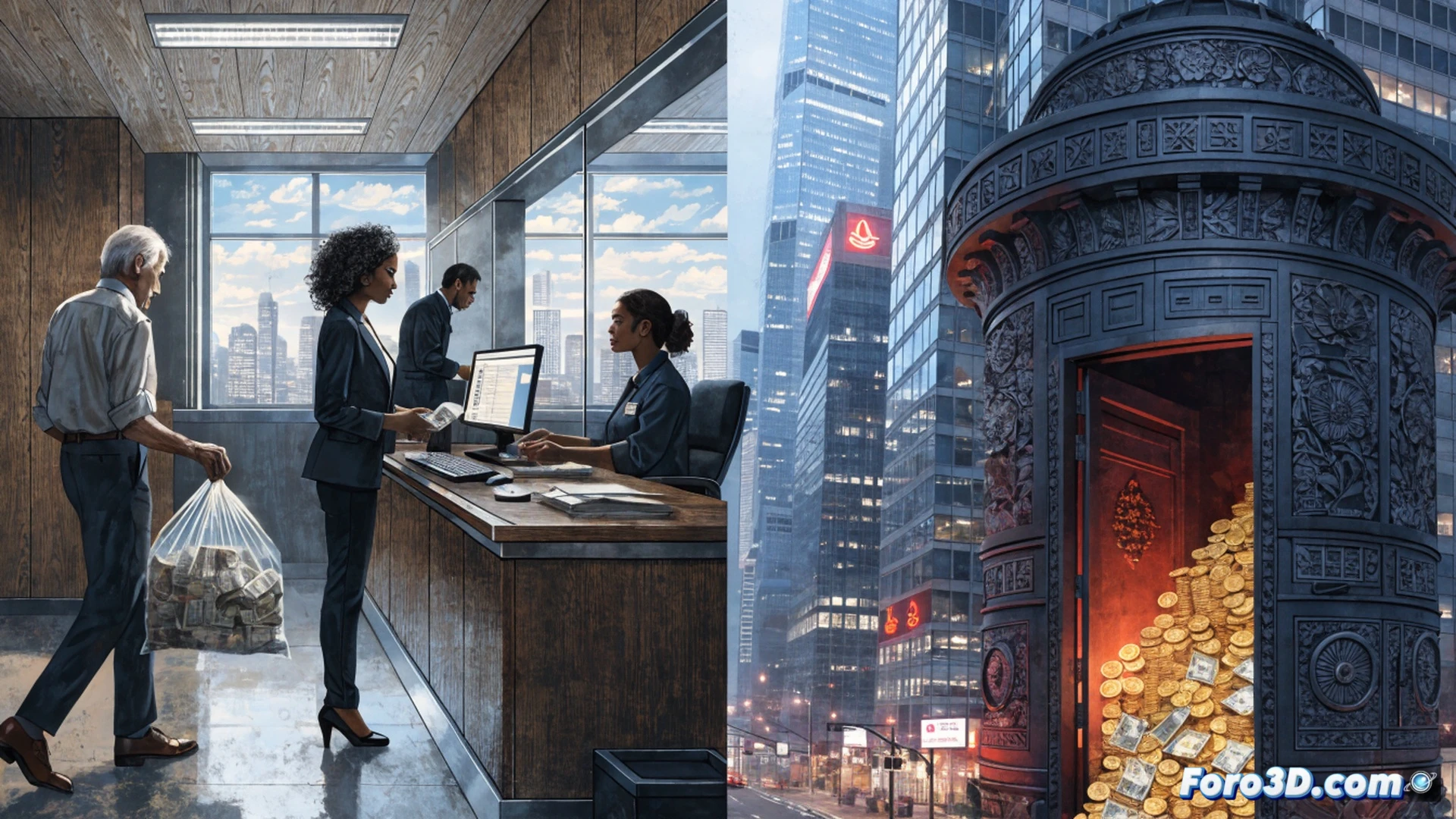 luxury yacht anchored near Hong Kong skyline, golden coins flowing from a briefcase into offshore banking vault underwater, while a transparent tax form burns in the foreground, contrasting a classroom and hospital being drained of color, cinematic photorealistic illustration, dramatic chiaroscuro lighting, ultra-detailed financial documents and currency, swirling digital data streams connecting the yacht to the vault, motion blur on coins falling, realistic reflection on water surface, high-contrast shadows emphasizing inequality