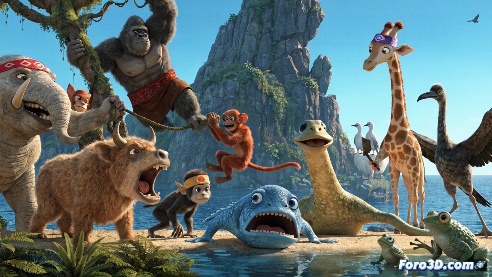 tropical island jungle clearing at sunset, cartoon animals in survival gear building a bamboo shelter while a toucan sneaks a hidden immunity idol, another animal dramatically falls from a palm tree during a challenge, tribal council torches flickering in background with animal footprints on voting parchment, cinematic animation style, vibrant saturated colors, dynamic action poses, expressive character animation, soft golden hour lighting, stylized tropical vegetation, comedic physical comedy, family-friendly adventure tone, wide establishing shot showing multiple simultaneous survival activities