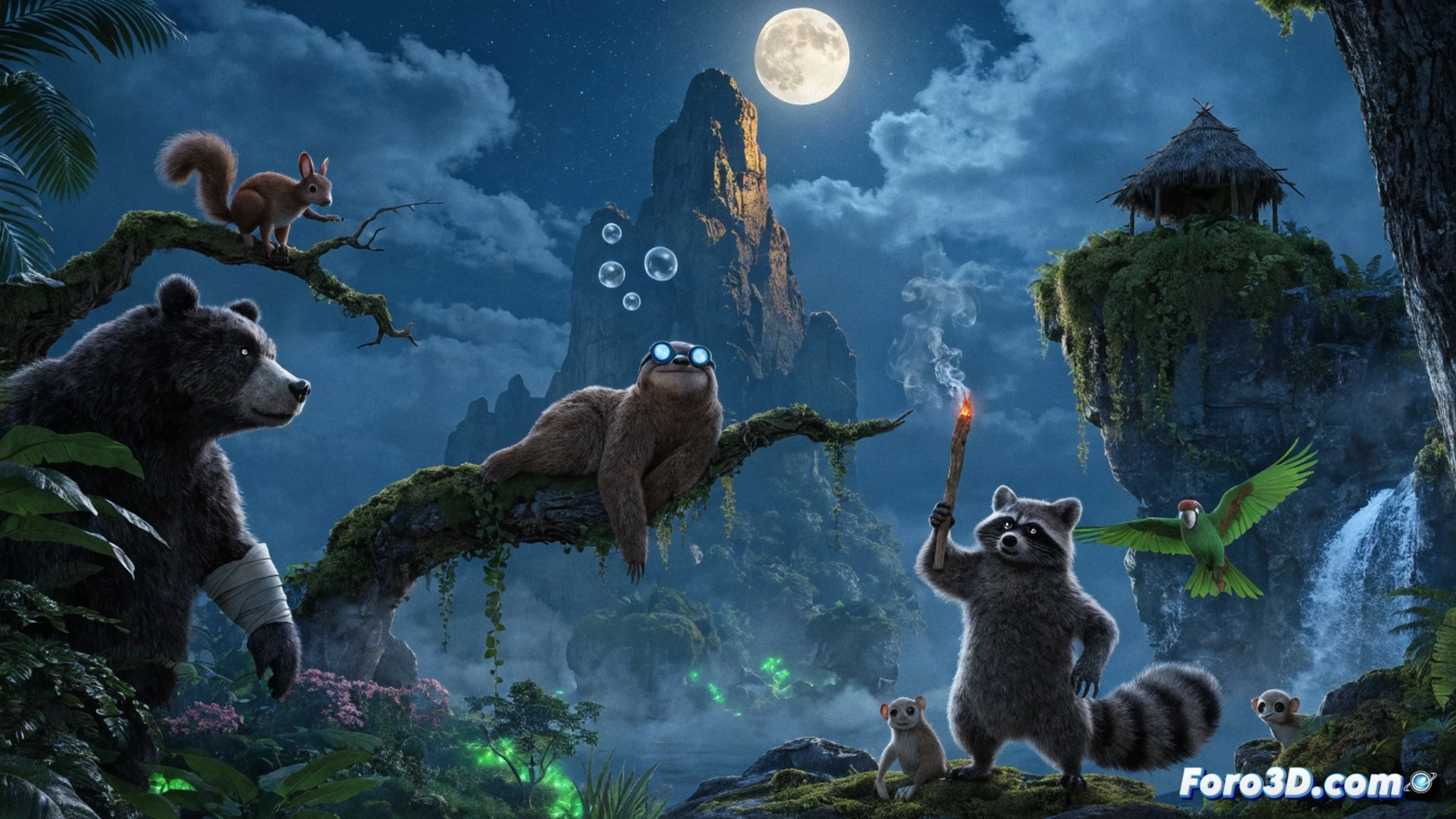 tropical island beach with a magical glowing tree at center, three animal contestants in action: a fox climbing a palm tree for a hidden immunity idol, a bear attempting to light a fire with flint and steel, a parrot flying overhead while dropping a puzzle piece, cartoonish survival gear including a miniature machete and woven shelter, bright sunset lighting with sparkles and floating pollen, cinematic animation style, vibrant saturated colors, dynamic poses showing motion and competition, dramatic shadows from palm fronds, ultra-detailed fur textures, whimsical magical atmosphere, photorealistic animal expressions