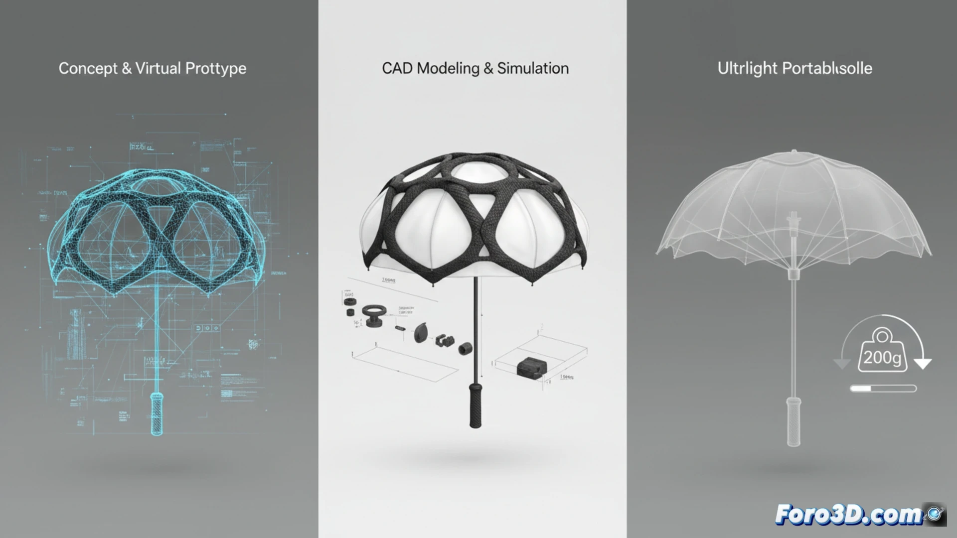Parasol ultraligero 200 gramos varillas fibra carbono impresion 3D toldo PTFE portatil mecanismo apertura unico gesto
