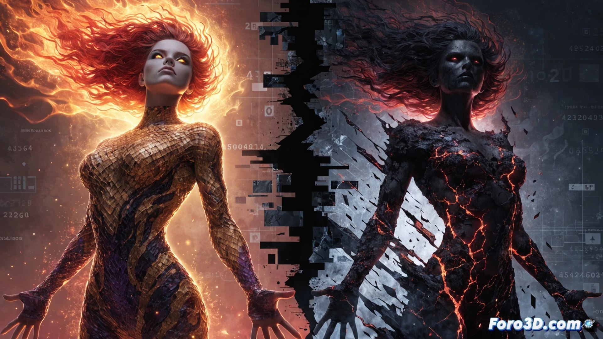 fighting game character Phoenix from Marvel vs Capcom 3 frozen mid-transformation, body half-engulfed in white flames but unable to complete the shift into Dark Phoenix, a Windows 11 error overlay displaying broken code lines and a red patch note hovering over her health bar, controller cable unplugged from a PC tower with a cracked motherboard symbol visible, cinematic technical illustration, dramatic blue and orange lighting, particle effects of fire dissolving into static, ultra-detailed character model, photorealistic game engine render