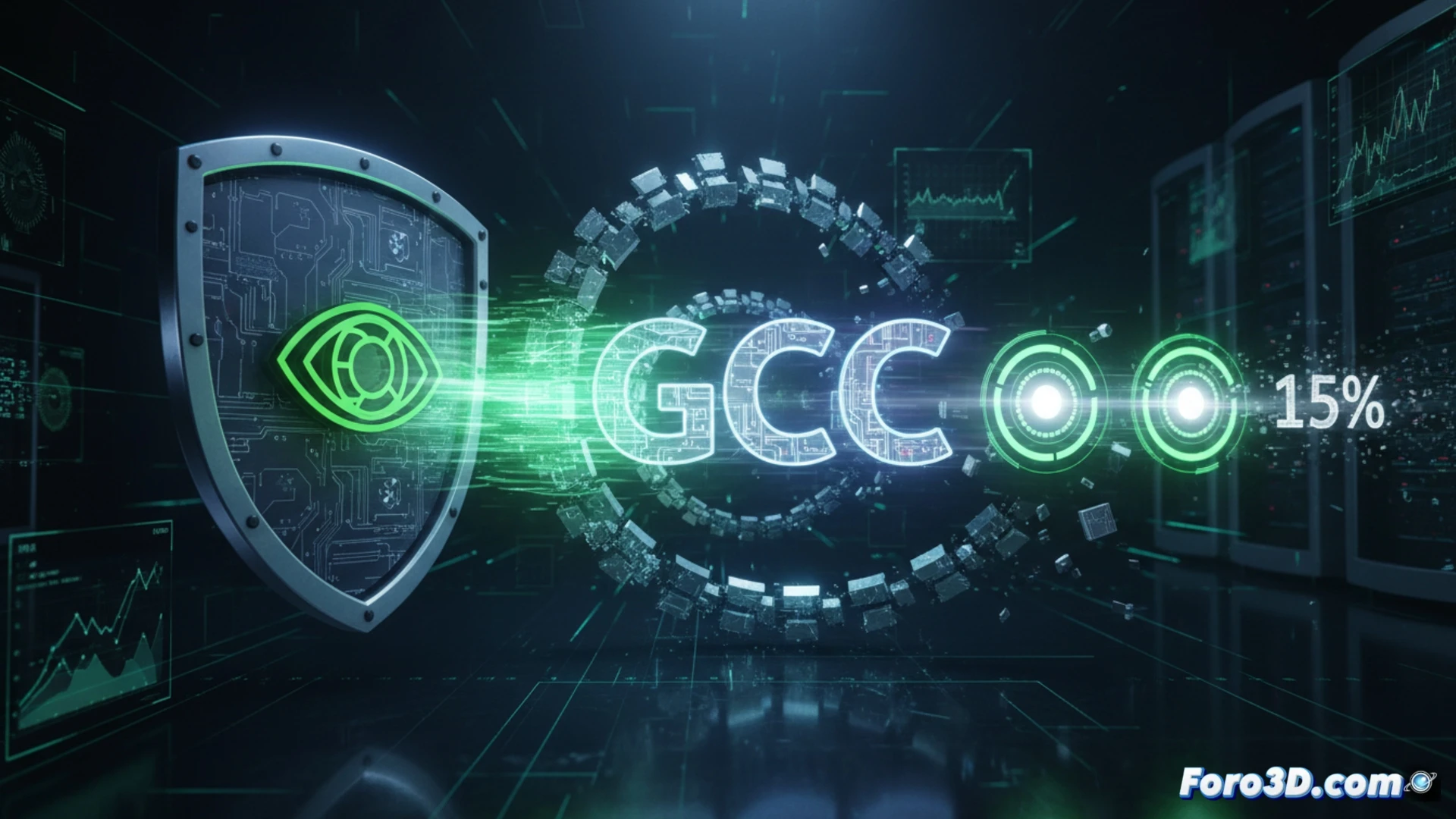 GCC compiler boot process optimization, three sequential build phases shown as transparent code layers with redundant configuration loops being cut by NVIDIA developer, glowing green patch symbol slicing through unnecessary repetition, terminal windows displaying GCC compilation logs with 15% faster time markers, developer workstation with dual monitors showing source code diff, keyboard with illuminated keys, CPU cooler and RAM modules visible in background, technical illustration style, clean engineering visualization, blue and green neon accents on dark background, precise linework, photorealistic hardware details, dramatic side lighting, action of optimization in progress