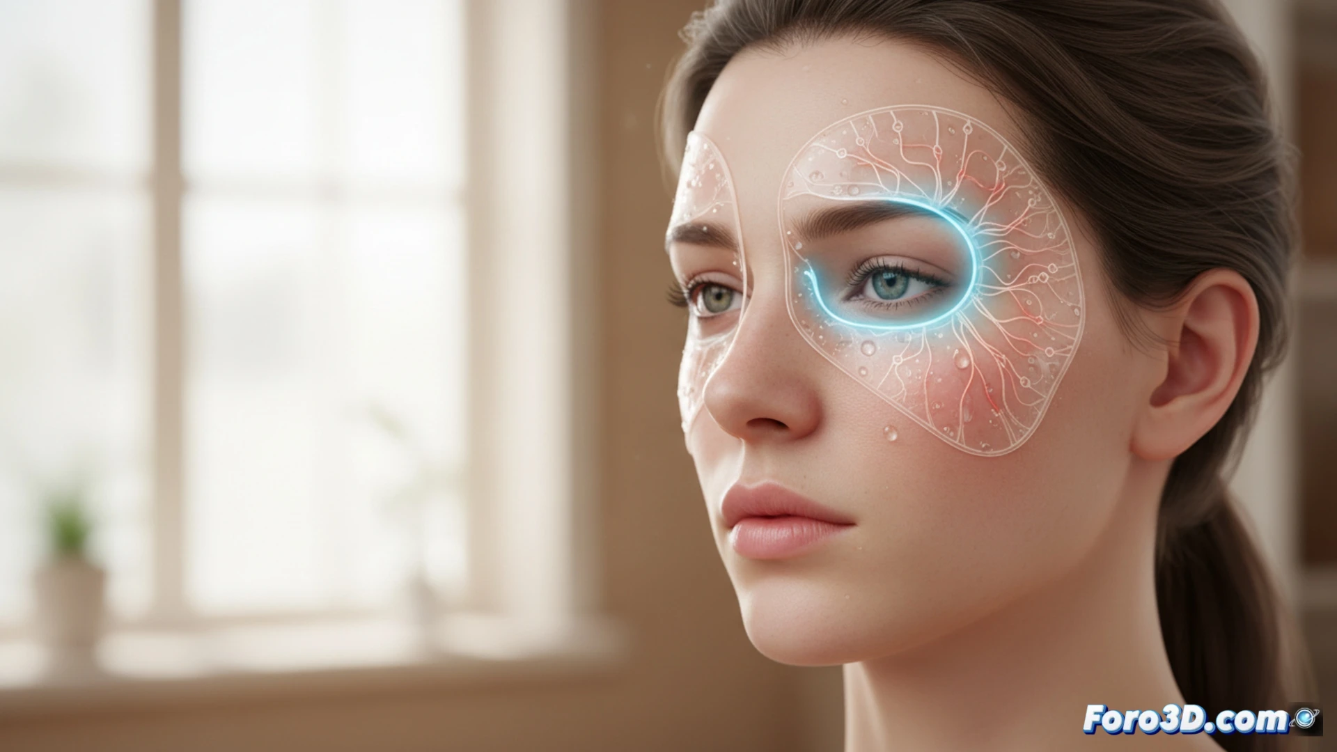 Termoelectric flexible patch adhered to human temple, cooling effect visibly radiating from arteria temporal region, heat waves rising from patch surface while cold blue glow spreads across forehead, cross-section diagram showing thermoelectric layers converting body heat into active cooling, medical wearable on skin with adhesive edges peeling slightly, photorealistic technical illustration, dramatic lighting with cool blue and warm orange contrast, ultra-detailed skin texture and fabric fibers, engineering visualization style, macro shot emphasizing thin flexible circuit board and thermal gradients