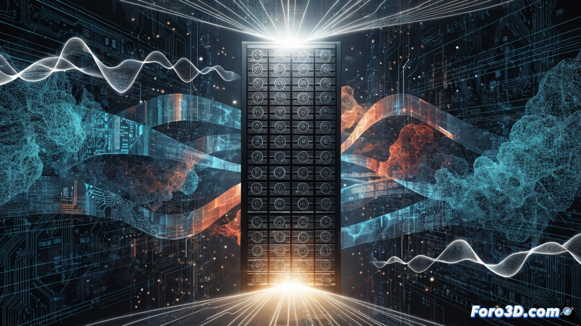 Linux kernel code patch being applied to server rack, multiple hard drives in RAID5 array configuration, glowing data streams flowing efficiently between CPU cores and disk controllers, reduced congestion visualized as cleared pathways, abstract representation of 17% performance boost with speed lines, cinematic engineering visualization, server room ambient blue lighting, metallic server chassis, photorealistic technical illustration, intricate circuit board patterns visible, data transfer highlighted with neon green traces