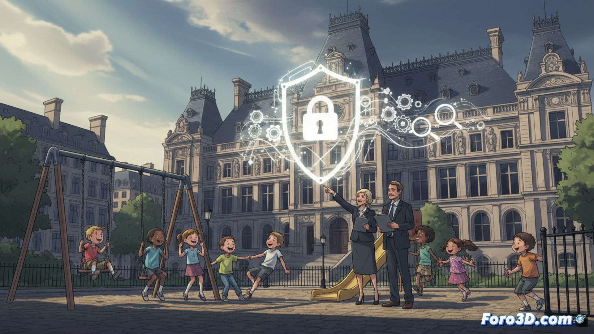 municipal audit session in a Parisian after-school centre, inspectors examining children activity logs on tablets while reviewing surveillance footage on a laptop, a suspended employee handing over a badge to a supervisor, folders with safety protocols spread on a table, bright classroom with colourful children drawings on walls, photorealistic technical illustration, overhead fluorescent lighting, paper documents and digital screens in frame, professional atmosphere, detailed textures of wood furniture and laminated floors, cinematic depth of field