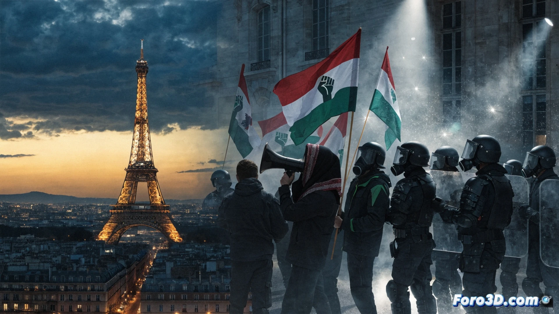 Photorealistic urban scene at night, Parisian street with gendarmes forming a human chain blocking a crowd of protesters holding blank signs, a woman in a headscarf being restrained while looking at an official document being torn up, police van with flashing blue lights in background, Eiffel Tower faintly lit through haze, dramatic chiaroscuro lighting, cinematic wide-angle shot, tension visible in body language, rain-slicked cobblestones reflecting neon glow, ultra-detailed textures on uniforms and wet pavement, no visible text or symbols, photorealistic technical illustration style
