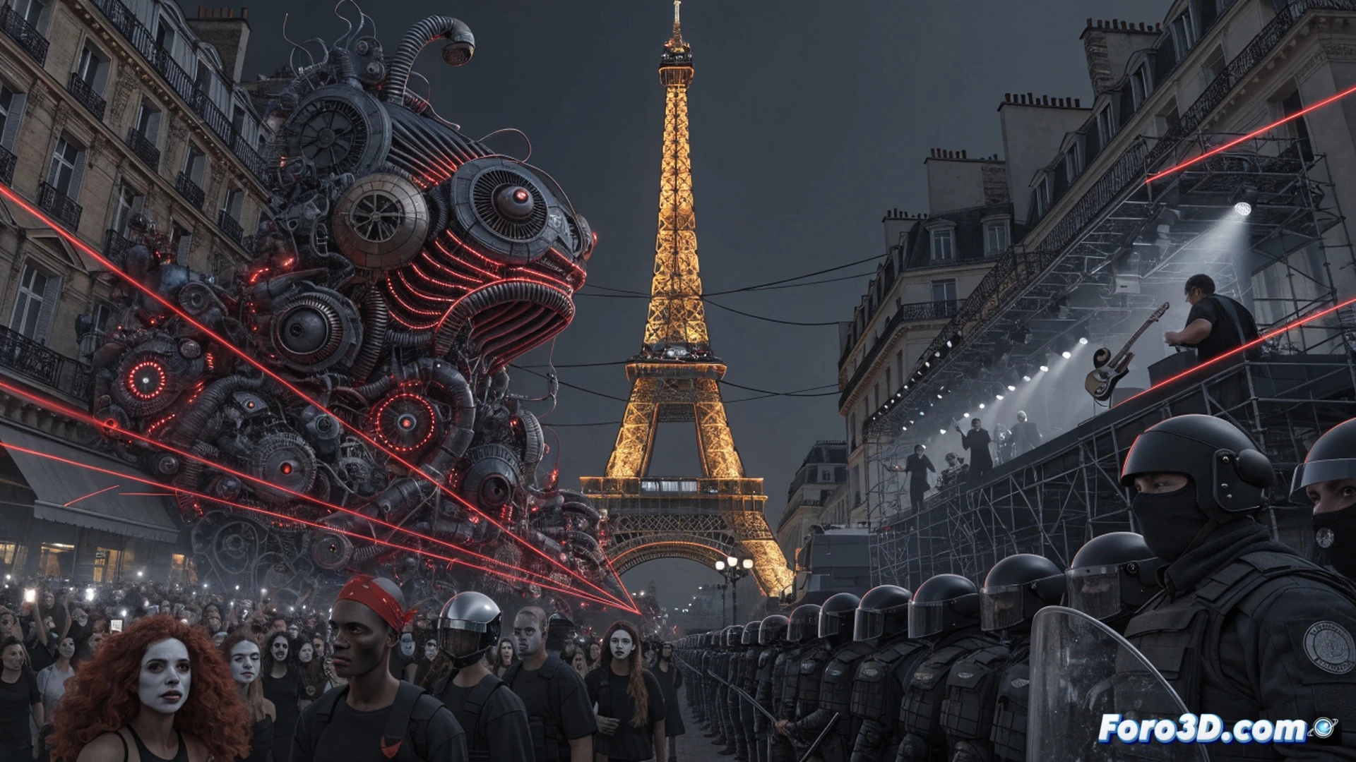 photorealistic scene of a Parisian plaza at dusk, a large stage with microphones and speakers stands empty while police officers in uniform place barricades around it, a group of activists holding placards and smartphones gather in front, one person points at a legal document, another types on a laptop showing a court filing interface, cinematic lighting with blue and amber tones, dramatic shadows from streetlamps, cobblestone texture visible, technical illustration style, high detail on police equipment and stage components