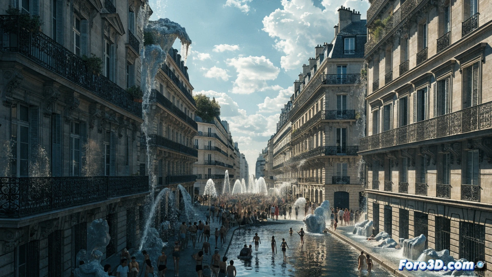 photorealistic cinematic scene of Paris during extreme heatwave, Montmartre street fountain surrounded by citizens cooling hands and faces under water jets, Canal Saint-Martin showing people sitting on edge dipping feet into greenish water, distant Eiffel Tower shimmering in heat haze, digital thermometer display showing 39.8 degrees Celsius mounted on stone wall, official red alert sign posted near fountain, empty outdoor cafe chairs with closed umbrellas, dramatic sunlight casting long harsh shadows, sweat droplets visible on skin, concrete pavement radiating heat waves, ultra-detailed architectural background, high contrast lighting, hyperrealistic textures of stone and water, wide-angle urban landscape