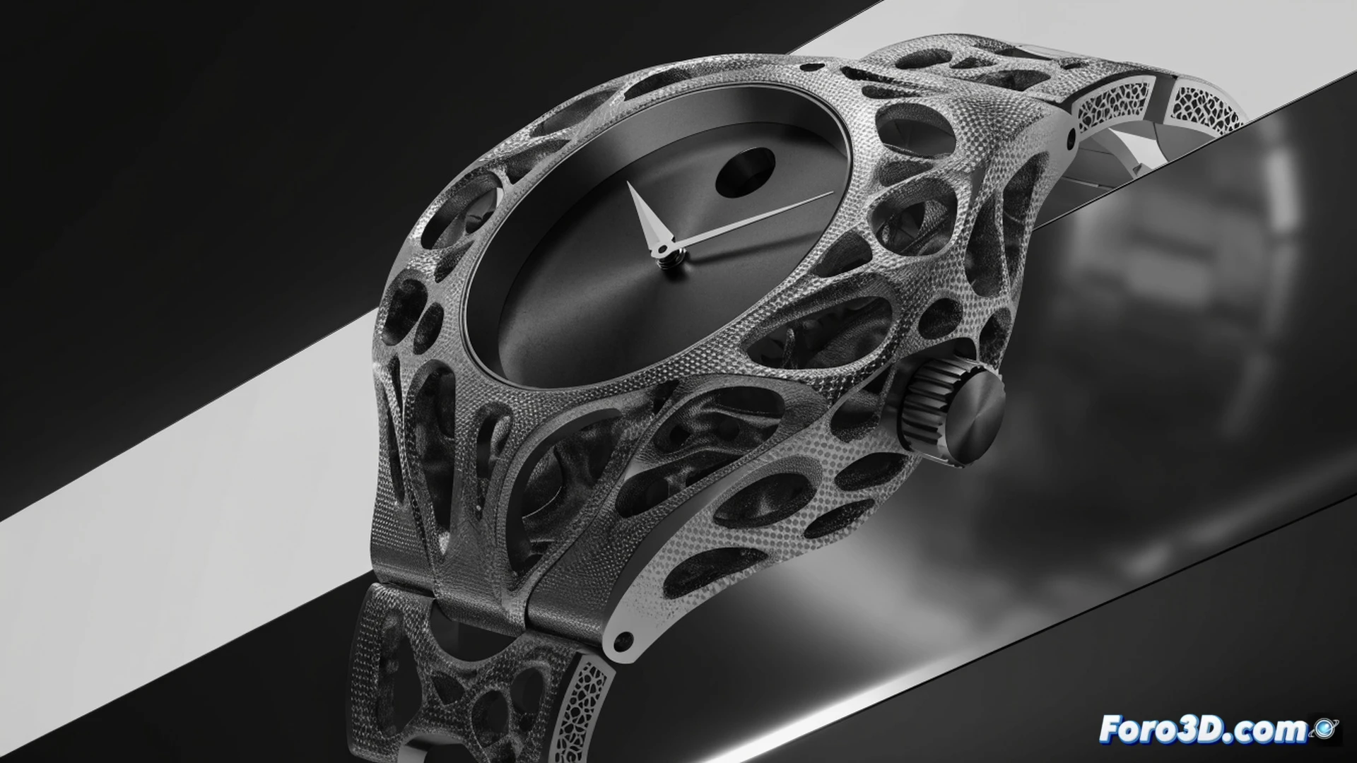 Close-up macro shot of a 3D printer nozzle depositing titanium alloy powder layer by layer onto a watch case, mid-construction showing intricate lattice structures and hollow gear cavities impossible to mill, a robotic arm holding a finished Exo.1 movement with exposed printed balance wheel and spring assembly, engineering visualization style, photorealistic metallic textures, bright LED curing light illuminating the build plate, fine powder particles suspended in air, dramatic industrial lighting with blue ambient glow from the printer enclosure, ultra-detailed mechanical components, cinematic technical render
