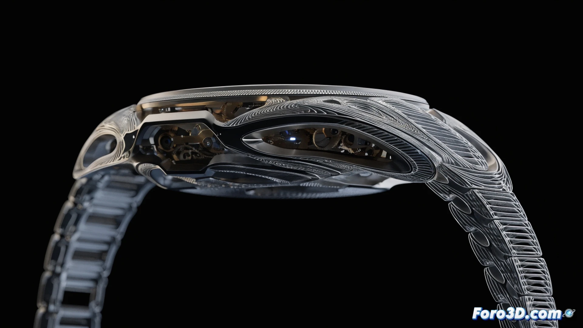 Close-up macro shot of a metal 3D printer nozzle depositing molten steel layer by layer onto a watch case, forming the seamless Exo.1 structure without joints or welds, while a robotic arm holds a finished polished case nearby, digital caliper measuring thickness on a workbench, CAD model wireframe projected faintly on a monitor in background, dramatic side lighting on metallic surfaces, engineering visualization style, ultra-detailed texture of printed steel layers, photorealistic industrial render