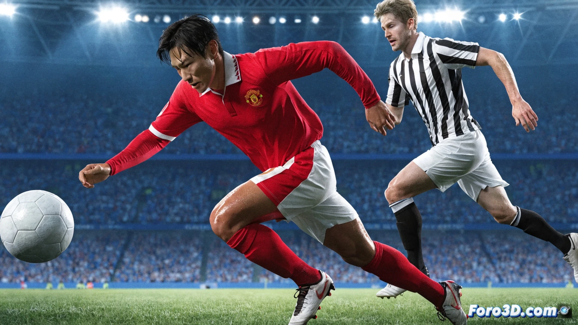 Photorealistic technical illustration showing Park Ji-sung in Manchester United kit making a sliding tackle to intercept a pass, ball skimming across wet grass, opponent midfielder being shadowed, dynamic action with leg extension and torso twist, tactical lines radiating from Park indicating passing lanes and defensive coverage, glowing heatmap on pitch showing high-intensity running zones, 3D wireframe overlay highlighting muscle activation and joint angles during the tackle, cinematic stadium lighting, rain streaks, motion blur on grass blades, ultra-detailed fabric folds and boot studs, engineering visualization style with blue and red zone indicators