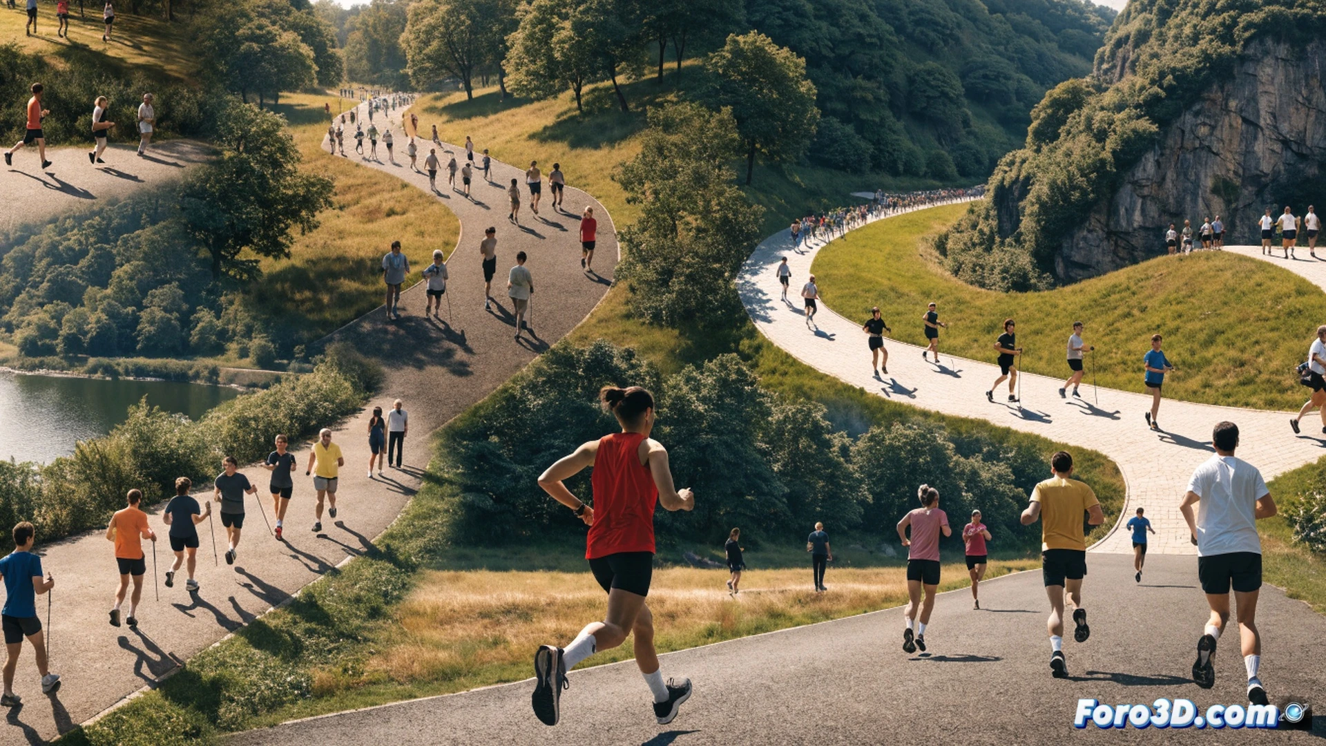 diverse group of runners crossing a park finish line at sunrise, timing scanners reading barcodes from phones and paper tags, volunteer with tablet logging results, 5km route markers visible in background, forest path with morning mist, motion blur on legs and arms, inclusive mix of ages and abilities, photorealistic community sports event, warm golden lighting, Canon 24-70mm f2.8 cinematic shot, dynamic action capture, detailed textures on running shoes and breathable clothing, grassy field with oak trees, digital timing display board showing elapsed time, realistic human poses