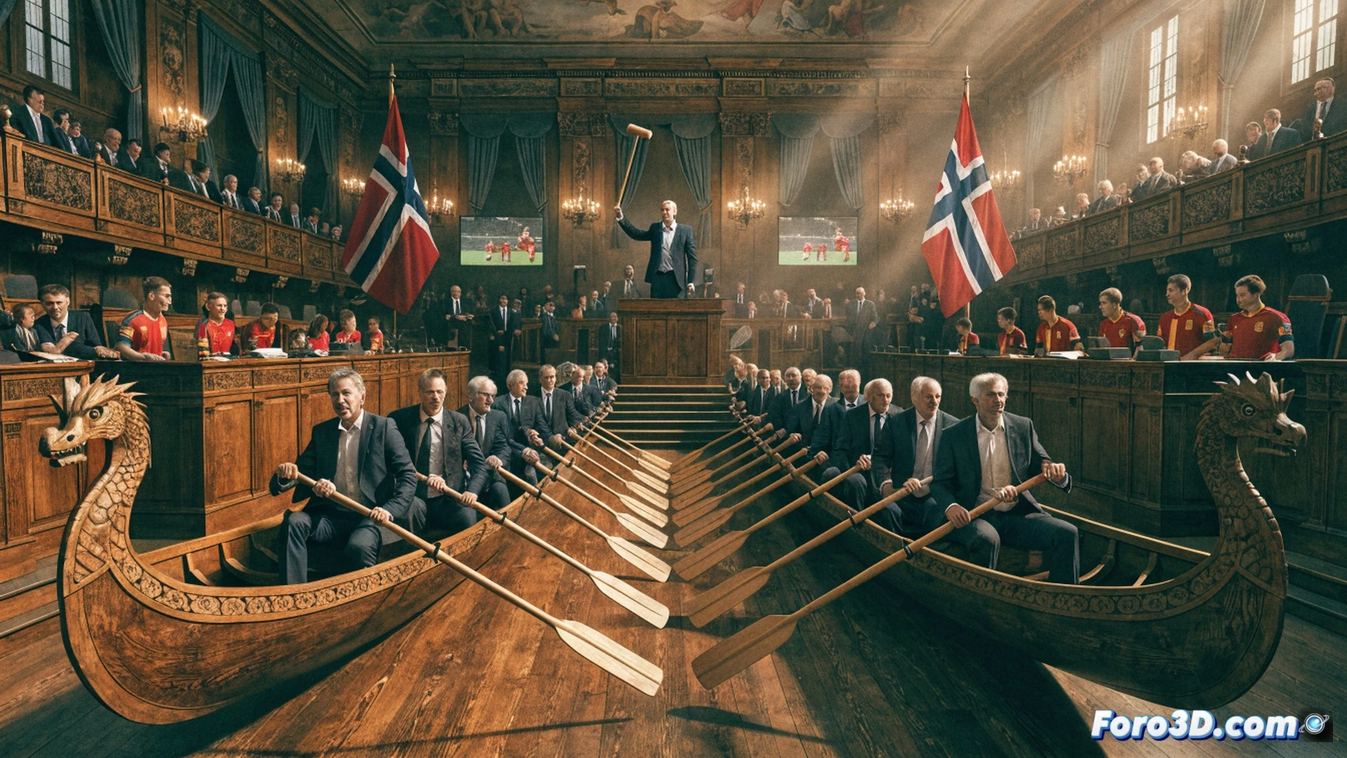 Parlamento noruego transformado en barco vikingo, diputados sentados en filas de bancos de madera oscura remando al unísono con brazos extendidos, presidente del Parlamento golpeando un mazo de madera sobre un escritorio central marcando el ritmo, banderas rojas y azules colgando de las paredes, focos de luz cálida iluminando el hemiciclo desde arriba, sombras dramáticas en los rostros de los políticos, humo de antorchas en los bordes, estilo cinematográfico con textura granulada, fotorealismo nórdico, composición épica con profundidad de campo, acción sincronizada de remo durante el debate parlamentario.