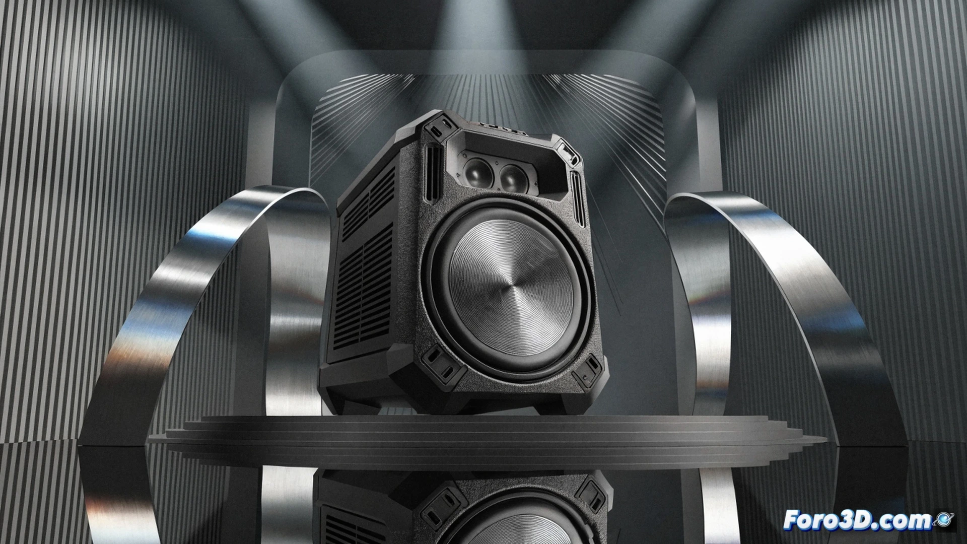 Sony ULT Field 5 parlante Bluetooth emitiendo ondas de choque de graves visibles, polvo siendo levantado del suelo por la vibración del altavoz, diafragma del woofer en movimiento extremo durante reproducción a máximo volumen, componentes internos de amplificador y bobina de voz mostrados en corte transversal, estilo cinematográfico fotorrealista, iluminación dramática azul y negra, resplandor pulsante sincronizado con el ritmo, textura de rejilla metálica detallada, render técnico de ingeniería de audio