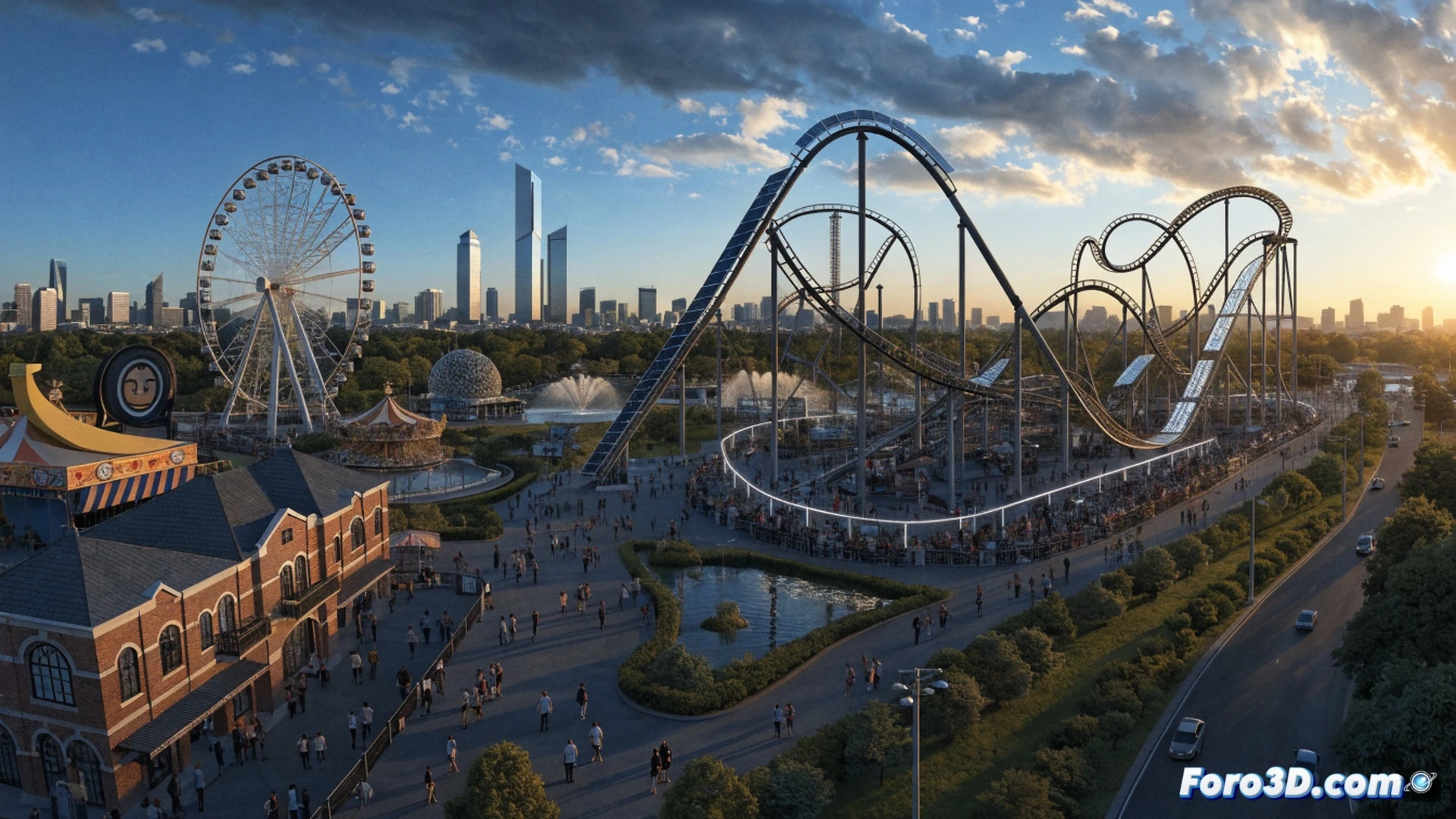 Parque de atracciones abandonado durante transición de concesión, grúas desmontando atracciones metálicas oxidadas mientras nuevas estructuras verdes emergen entre árboles, paneles solares instalándose sobre taquillas, ingenieros revisando planos de eficiencia energética sobre mesa técnica con tabletas digitales, caminos accesibles con rampas de hormigón recién vertidas, zonas verdes preservadas con carteles de reforestación, estilo cinematográfico con iluminación de atardecer industrial, render fotorrealista de ingeniería civil, texturas de acero y cristal reflectante, contraste entre lo viejo y lo moderno.
