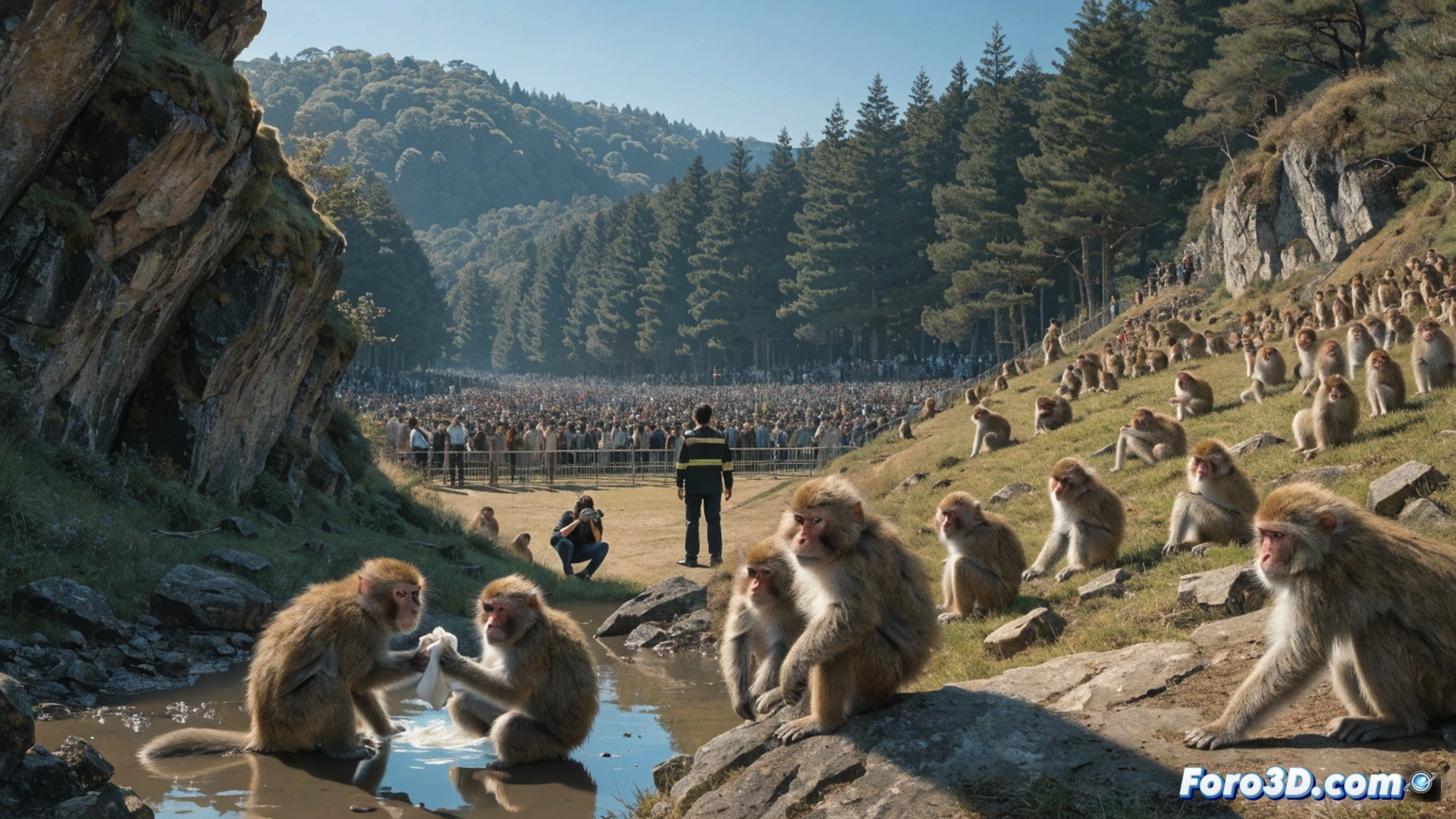 Japanese macaque monkeys bathing in natural hot spring steam, crowded viewing platform with tourists holding cameras and smartphones, park ranger standing at a wooden gate with a digital counter showing 2000, tourists blocked from entering while others queue behind, snow-covered rocks and bare winter trees framing the scene, steam rising from geothermal water, monkey grooming behavior visible in foreground pool, photorealistic cinematic nature documentary style, soft misty lighting, detailed fur textures, warm amber tones contrasting with cold blue sky, wide-angle lens perspective emphasizing overcrowding versus natural habitat